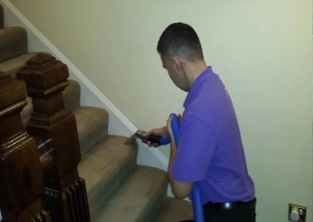 Absolute Cleaning technician deep cleaning a carpeted staircase with professional equipment