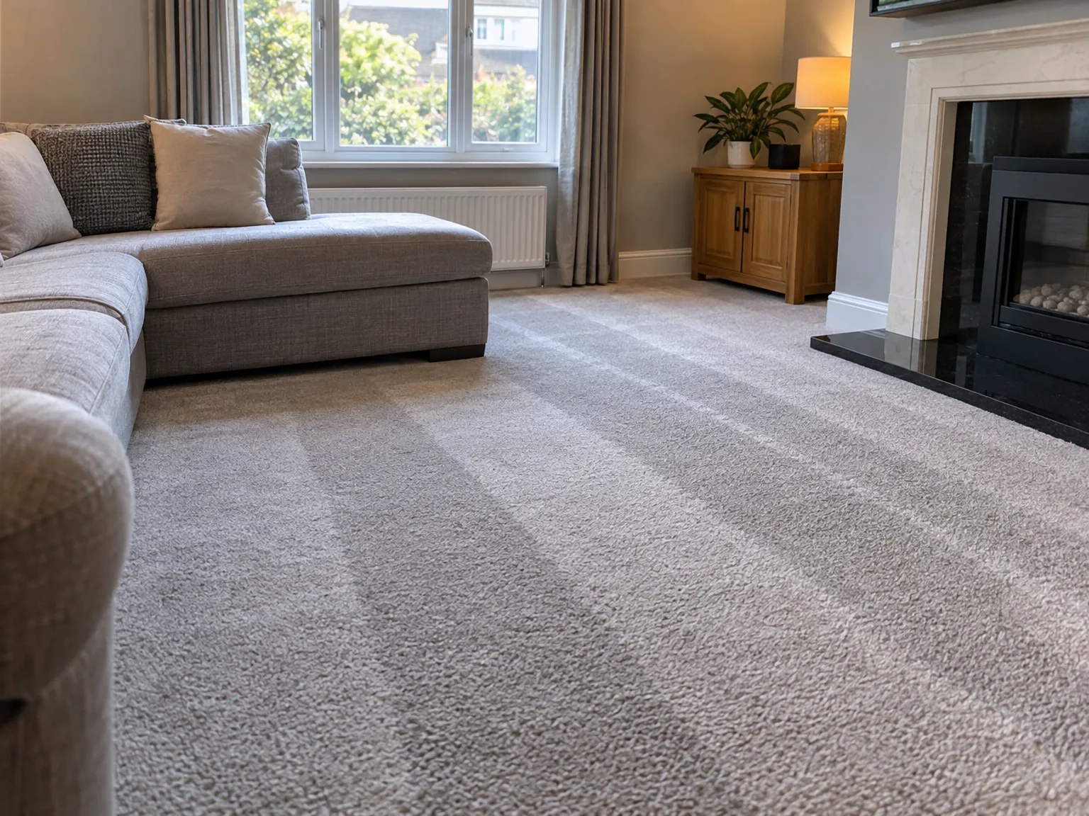 Professionally cleaned beige carpet in bright living room, demonstrating domestic carpet cleaning results