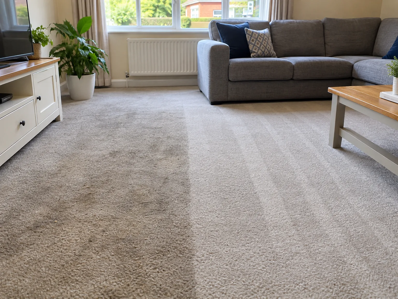 Domestic carpet cleaning results showing contrast between cleaned and uncleaned carpet sections in a living room
