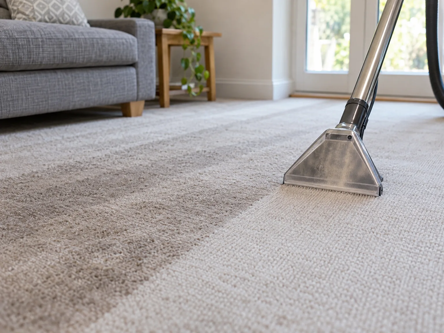 Professional hot water extraction cleaning a residential carpet with specialized equipment