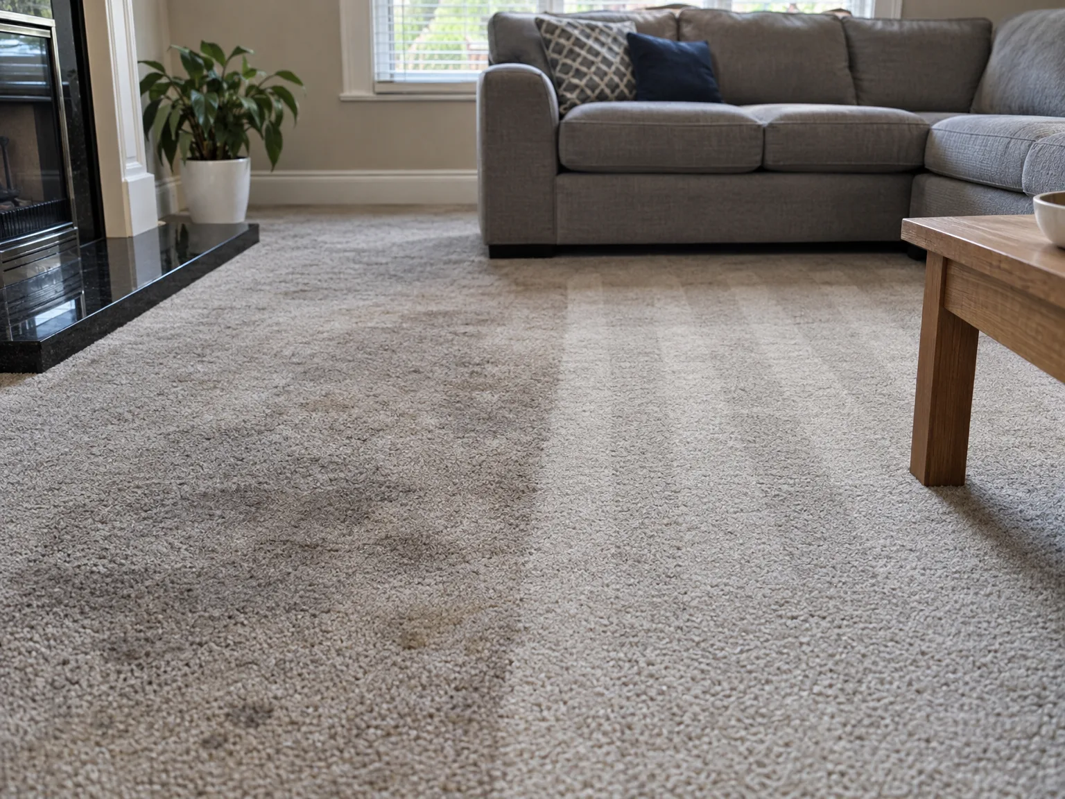 Immaculate beige carpet in bright modern living room with gray sofa and wooden table