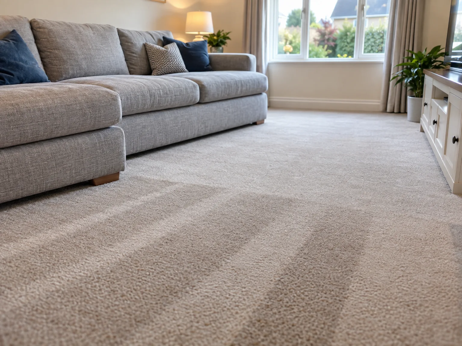 Well-maintained beige carpet in bright living room with grey upholstered sofa