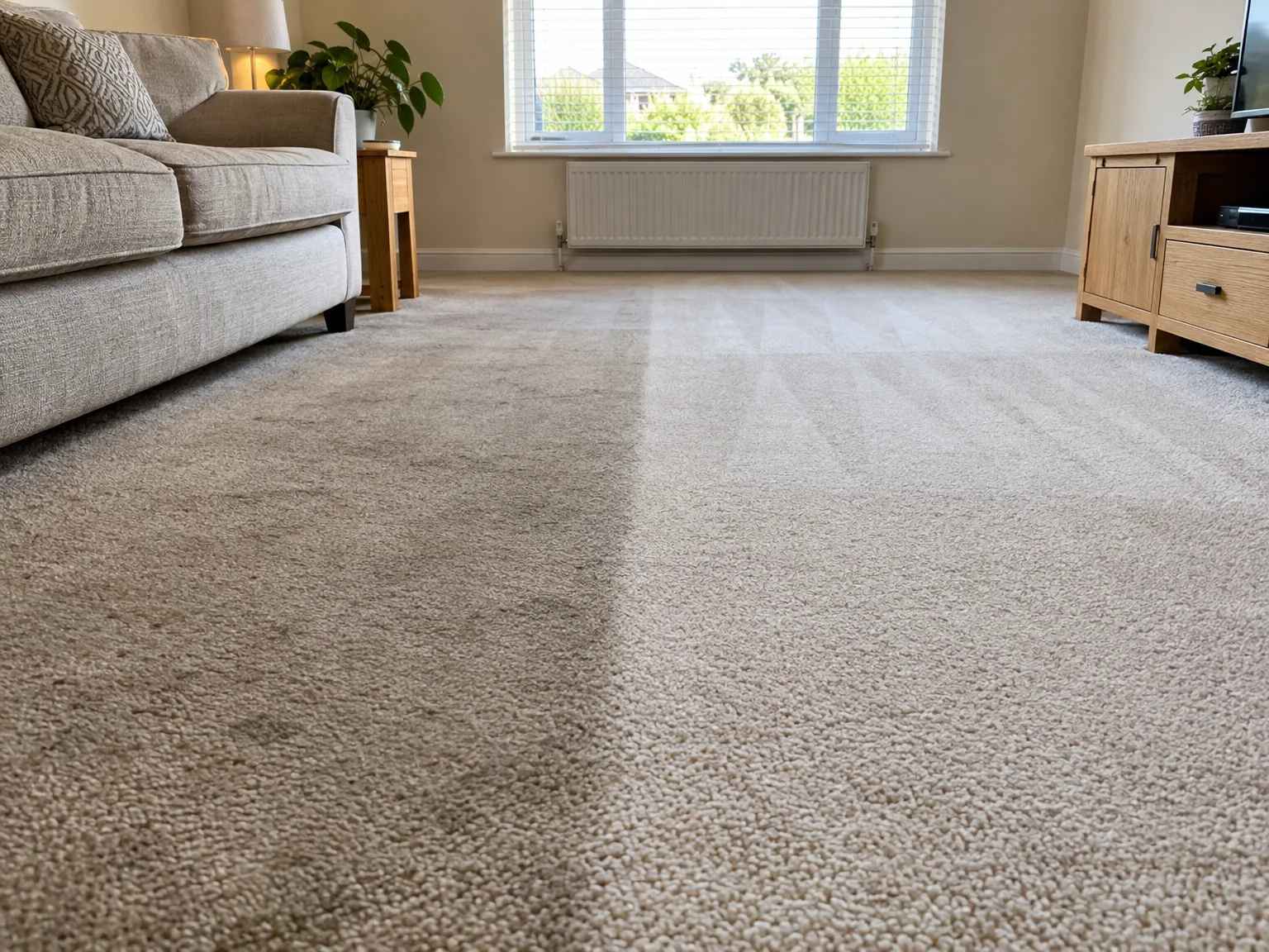 Clean beige wool carpet after professional domestic carpet cleaning service