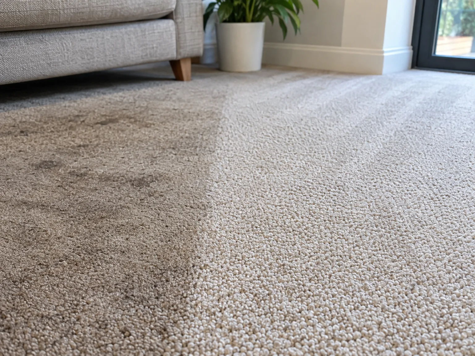 Before and after domestic carpet cleaning showing transformation from dirty to pristine carpet