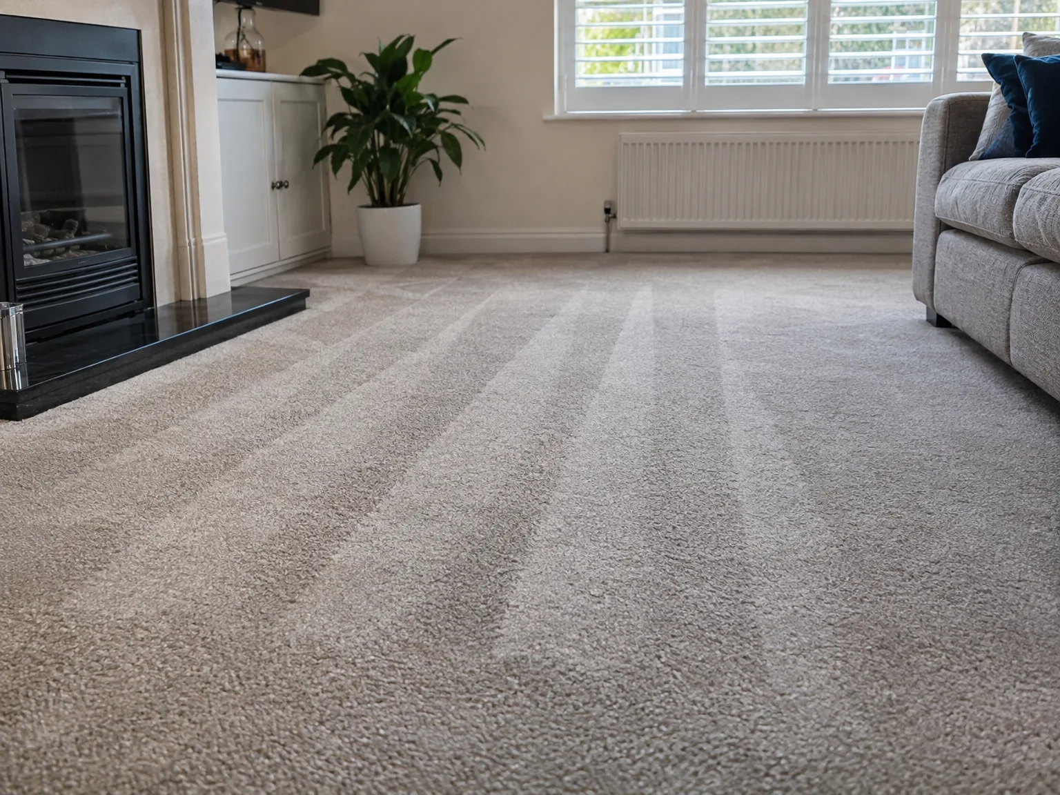 Freshly cleaned beige carpet with visible professional cleaning patterns in bright modern living room