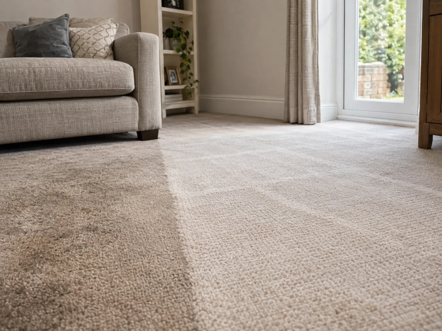 Professionally cleaned beige carpet in bright living room with sofa and natural light