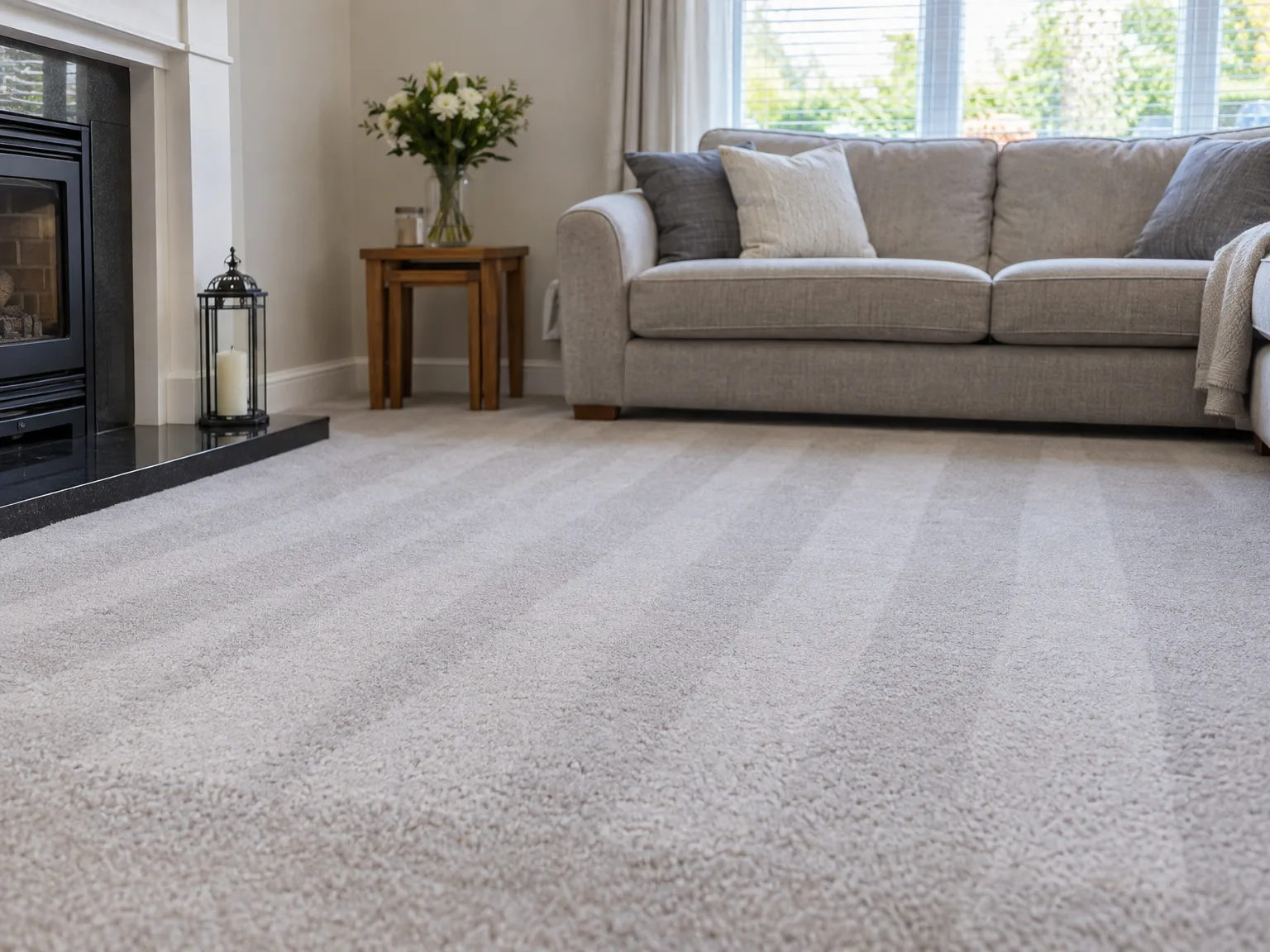 Domestic Carpet Cleaning: pristine light grey carpet in elegant living room with sofa
