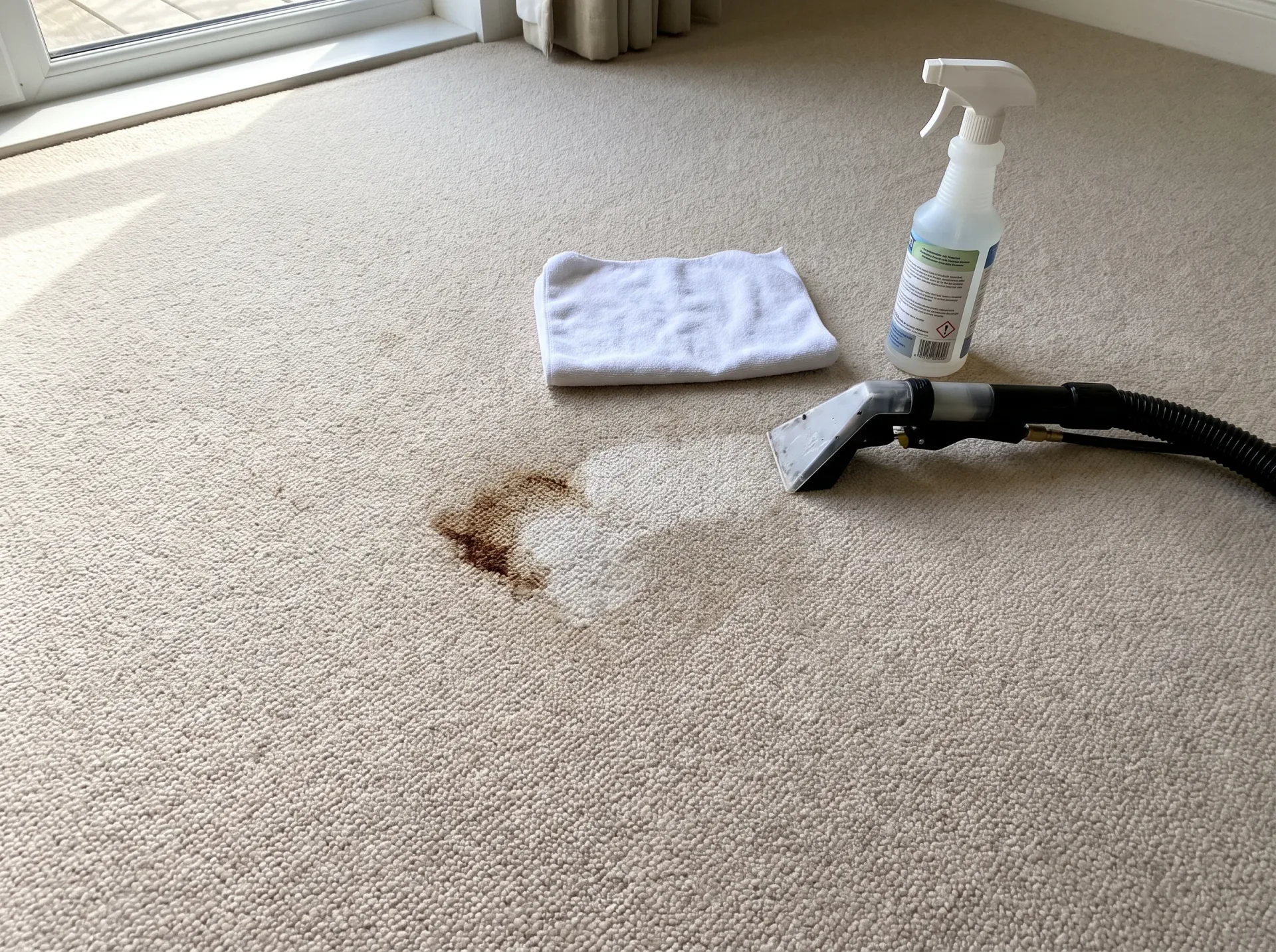 Professional carpet stain removal treatment using extraction equipment, cleaning solution spray, and white cloth on beige carpet