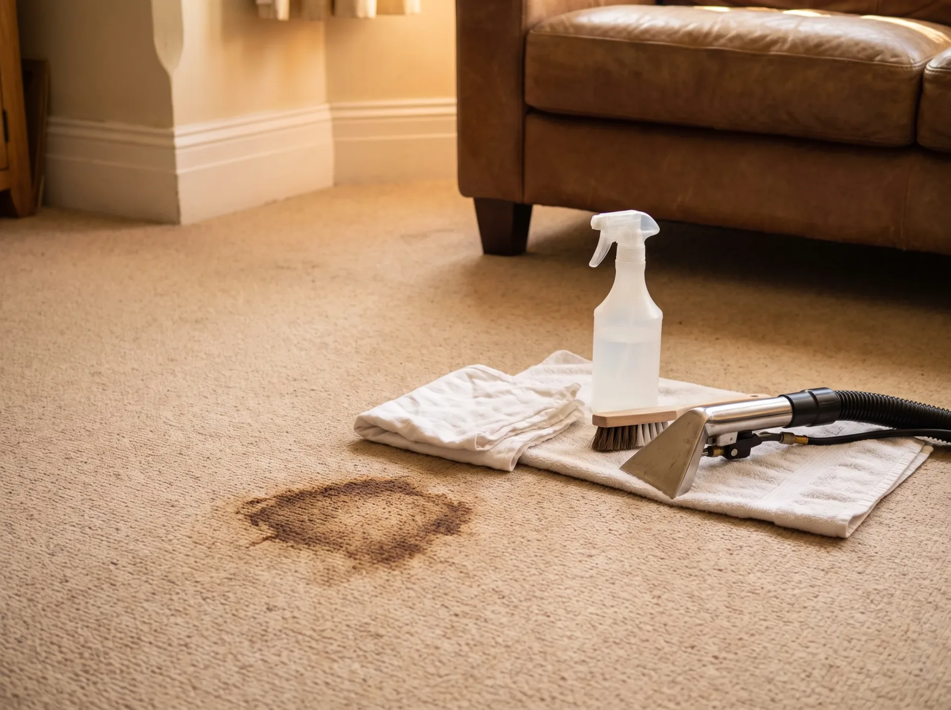 Brown carpet stain with cleaning spray bottle, brush and cloth for professional stain removal