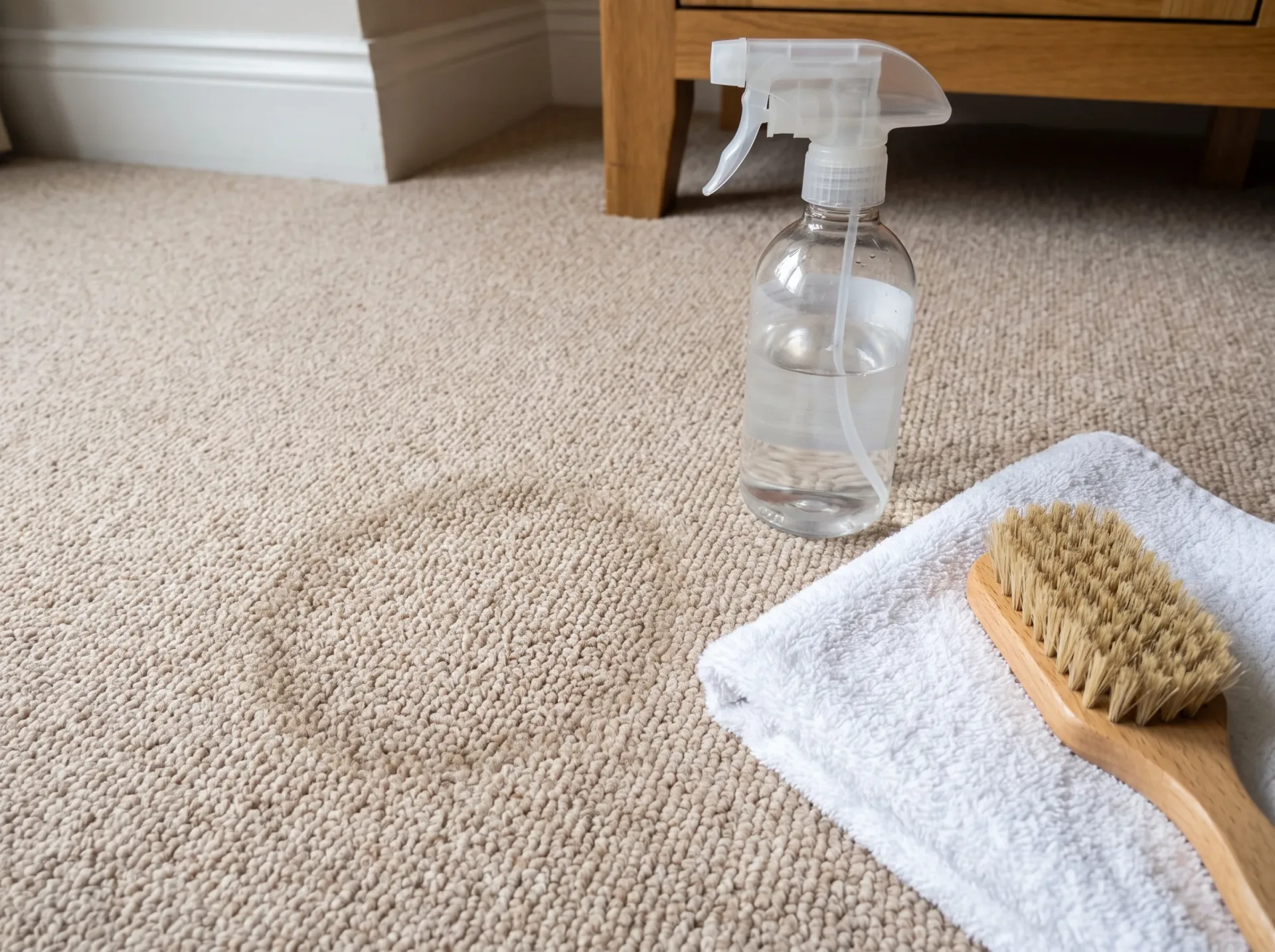 Spray bottle, brush and cloth for domestic carpet cleaning on light beige carpet