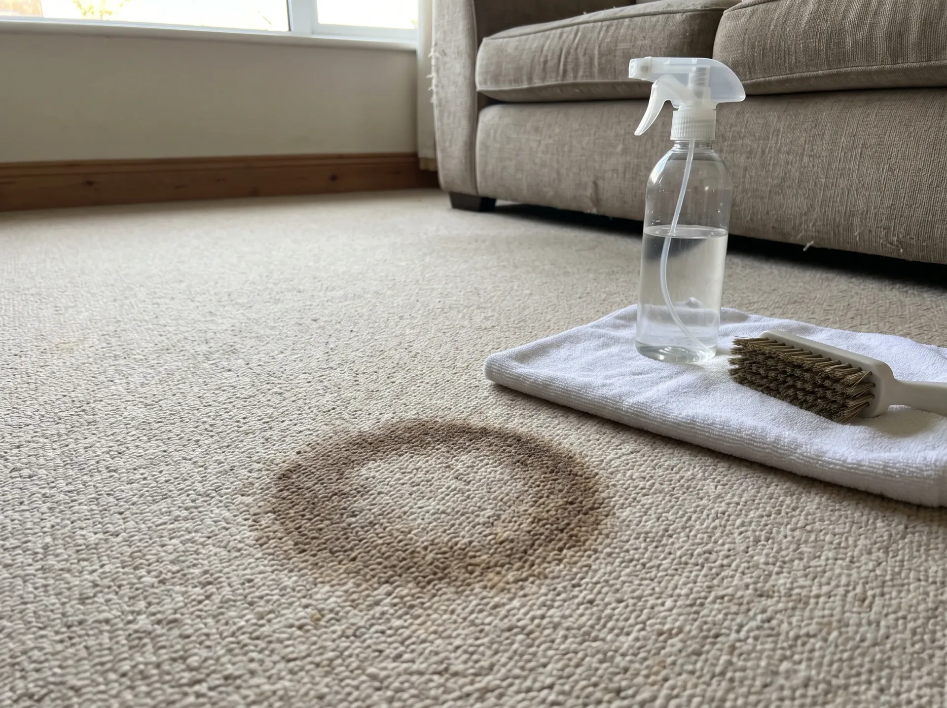 Professional carpet stain removal with cleaning spray solution and brush on light beige carpet
