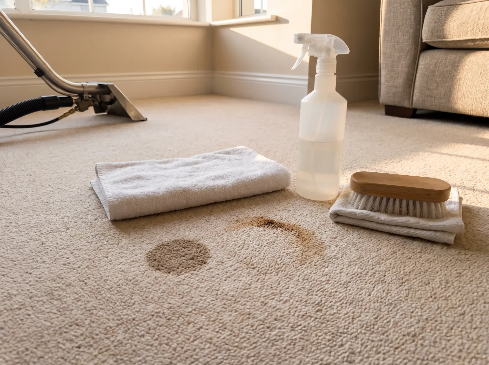 Carpet stain removal: stained carpet with professional cleaning supplies