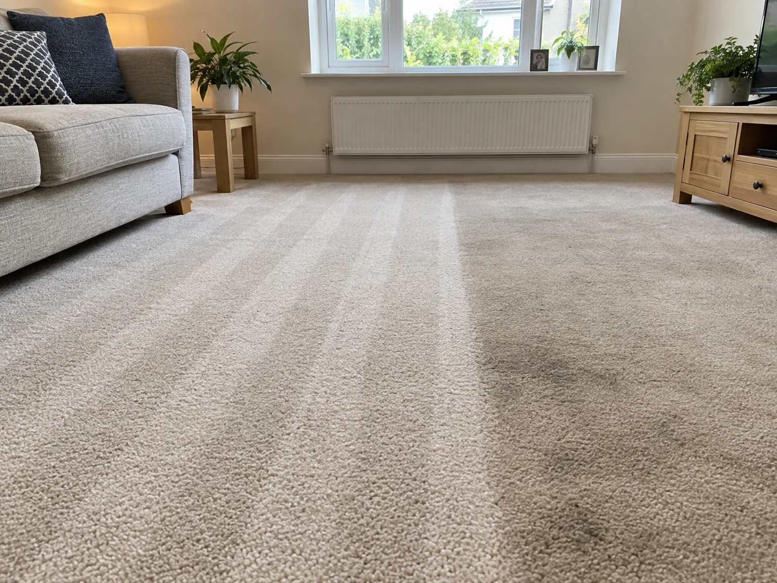 Freshly cleaned beige carpet in bright living room with furniture and plants