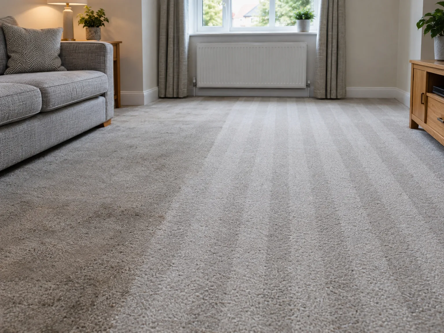 Freshly cleaned light gray carpet in modern living room with comfortable sofa and natural window light