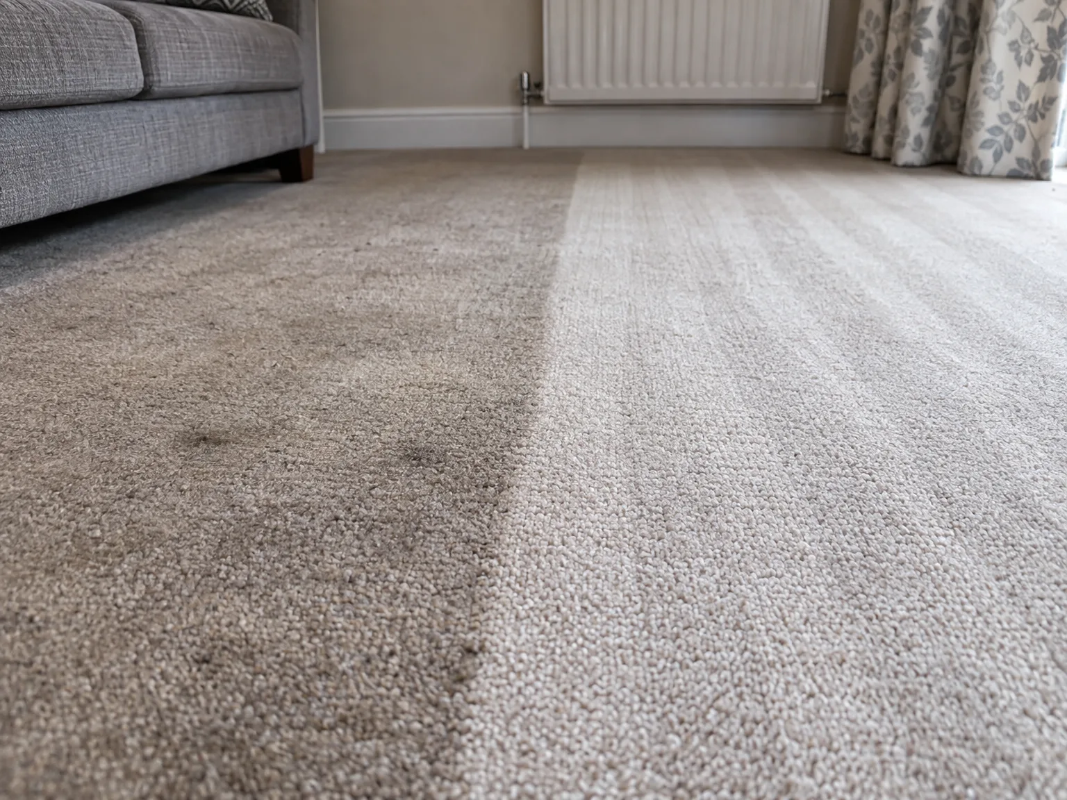 Before and after living room carpet cleaning demonstrating professional deep carpet cleaning results