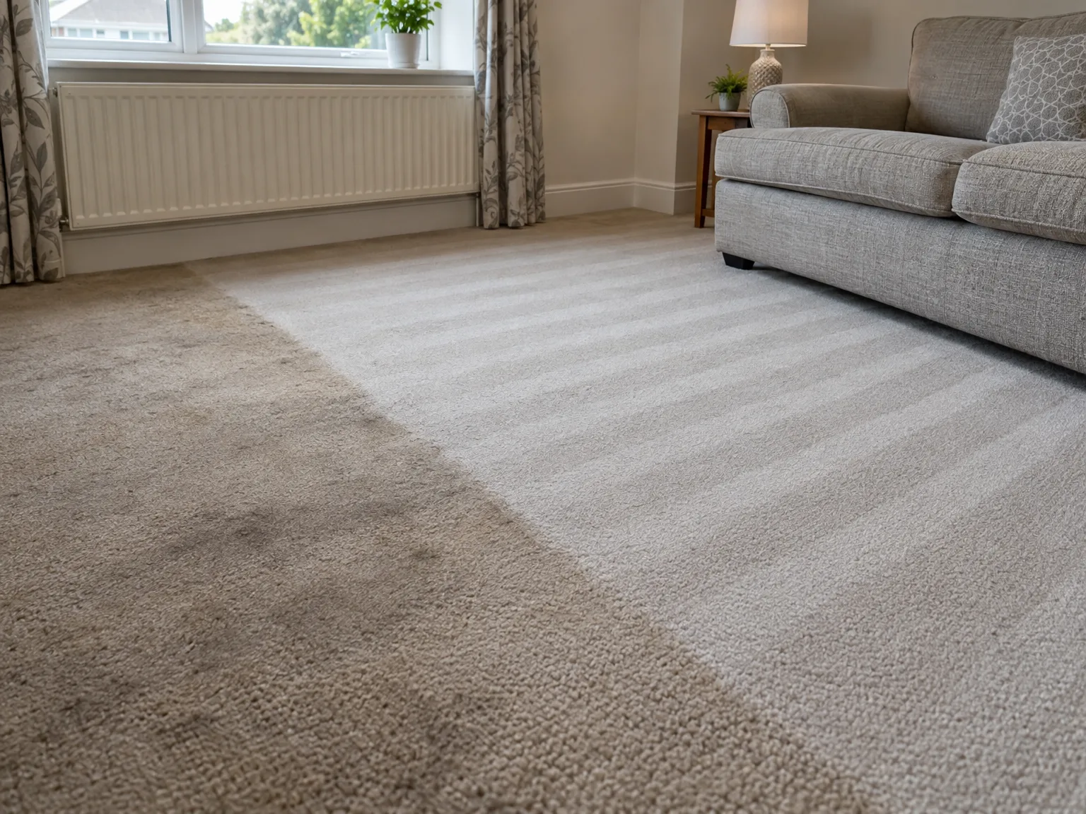 Professional carpet cleaning before and after results on living room carpet, showing deep cleaning transformation effect