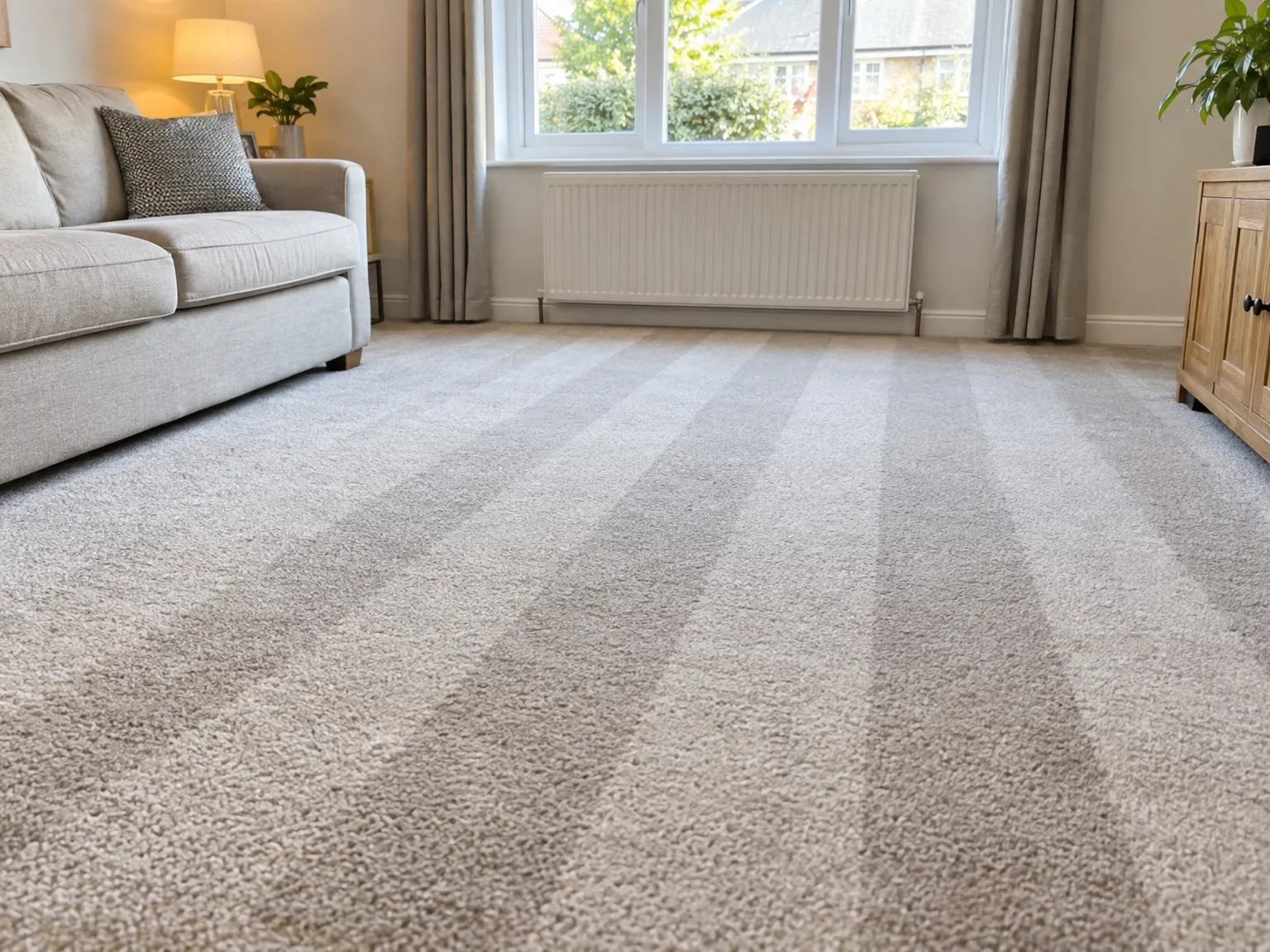 Domestic carpet cleaning result - pristine beige striped carpet in contemporary lounge with sofa