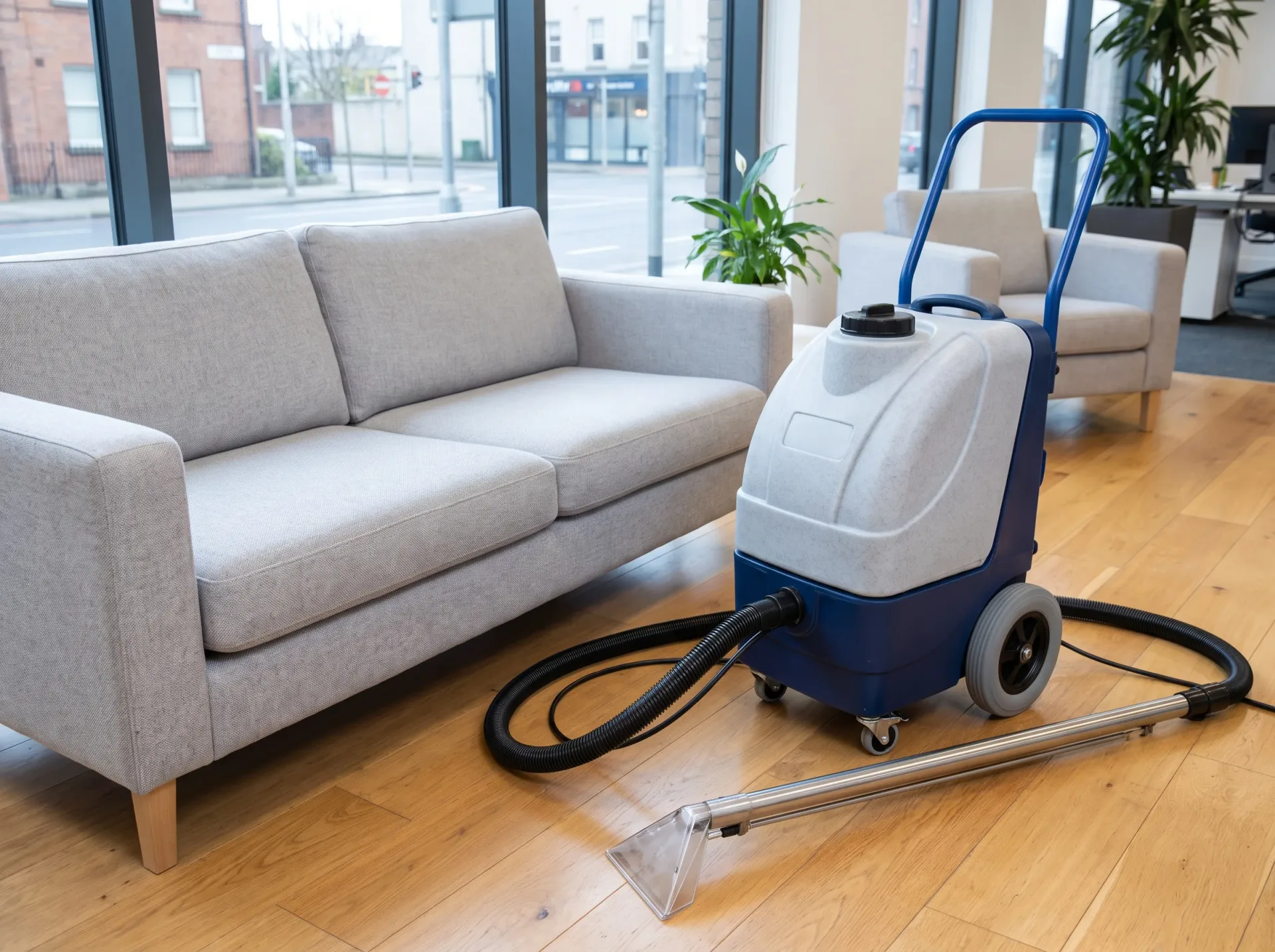 Professional upholstery cleaning machine ready to clean gray sofa indoors
