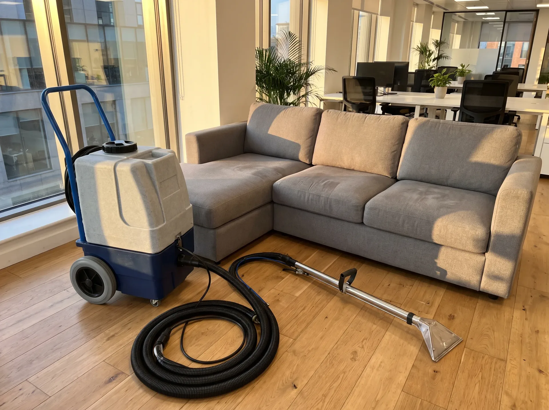Professional upholstery cleaning machine being used to clean a gray sofa in a modern office