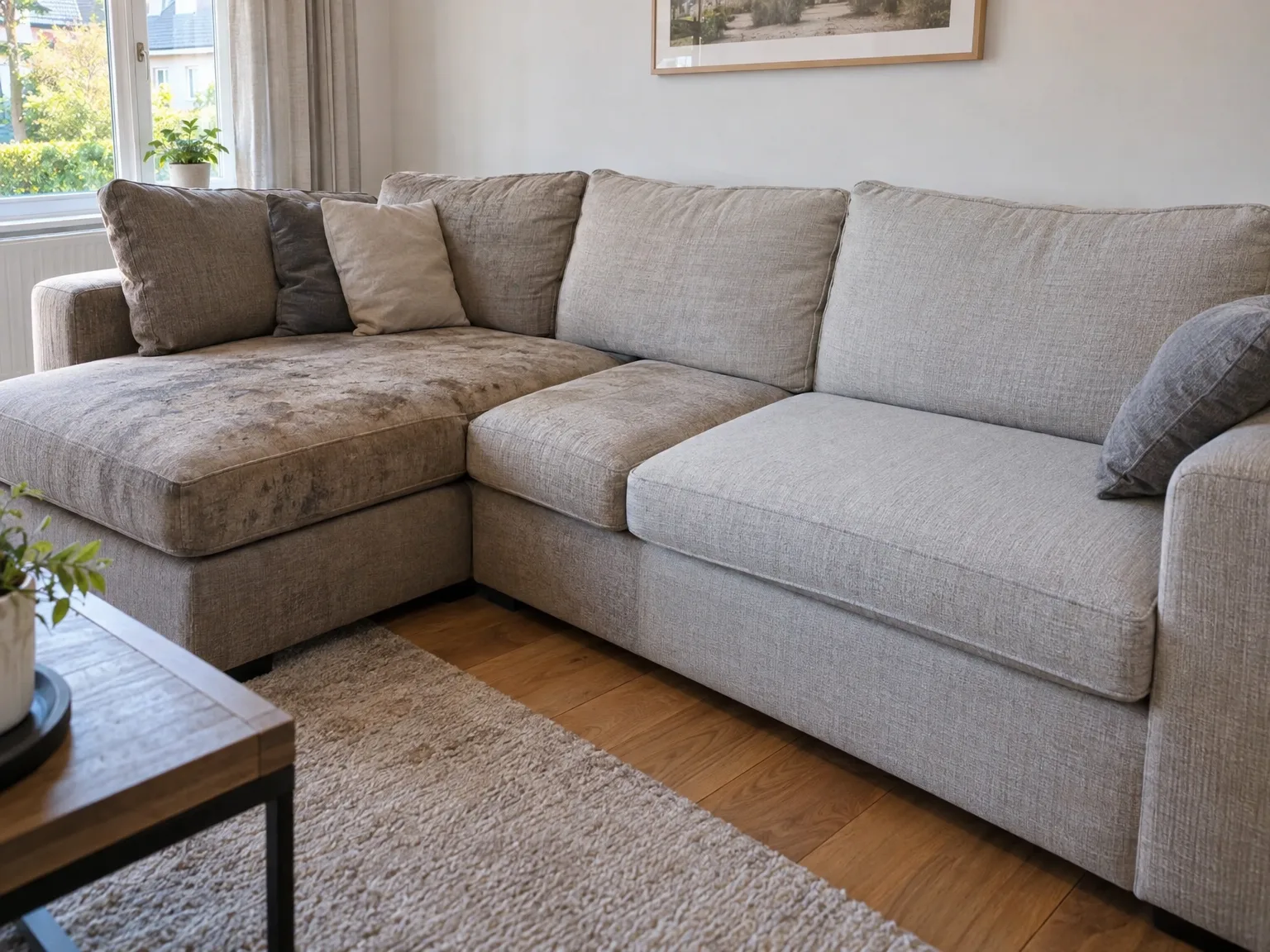 Dirty corner sofa with visible dark stains on chaise lounge section in living room requiring professional upholstery cleaning