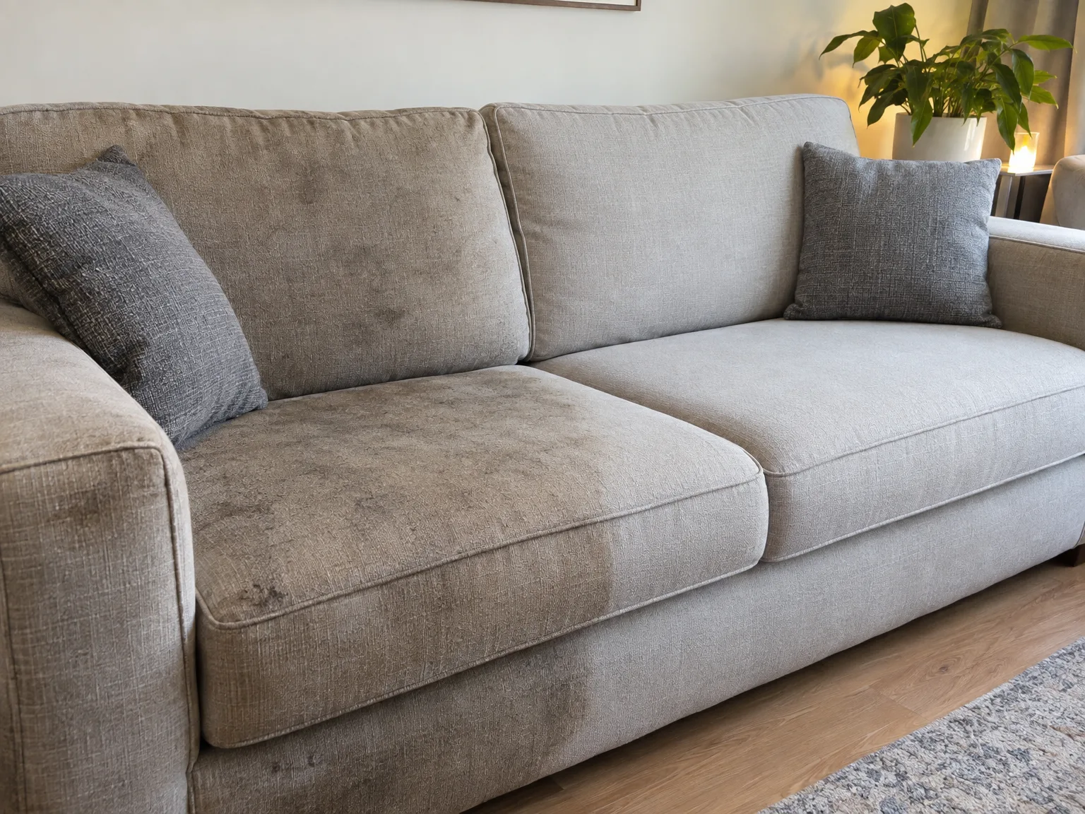 Dirty beige sofa with visible stains and marks on cushions requiring sofa cleaning