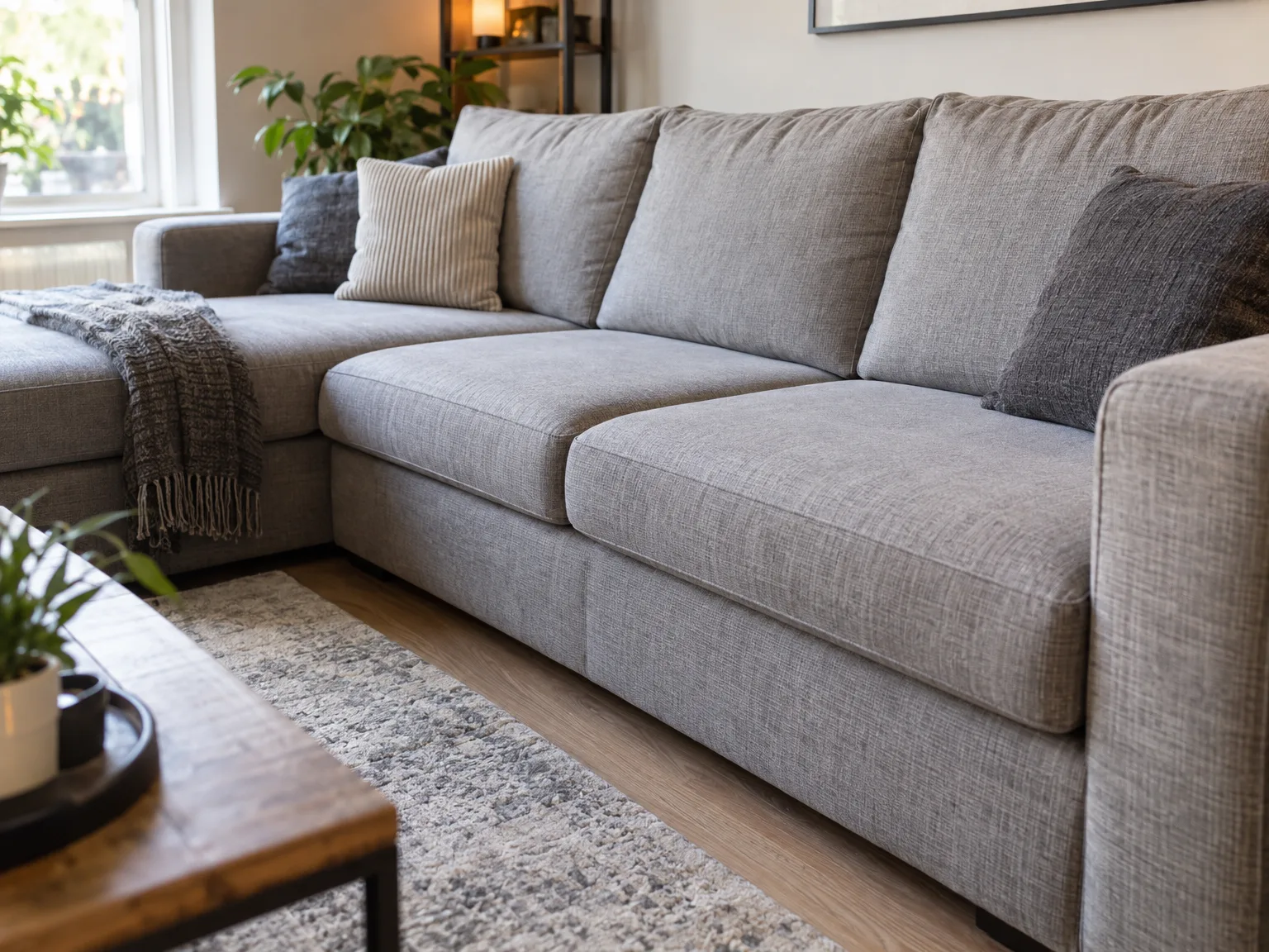 Clean gray upholstered sofa with decorative cushions in modern living room