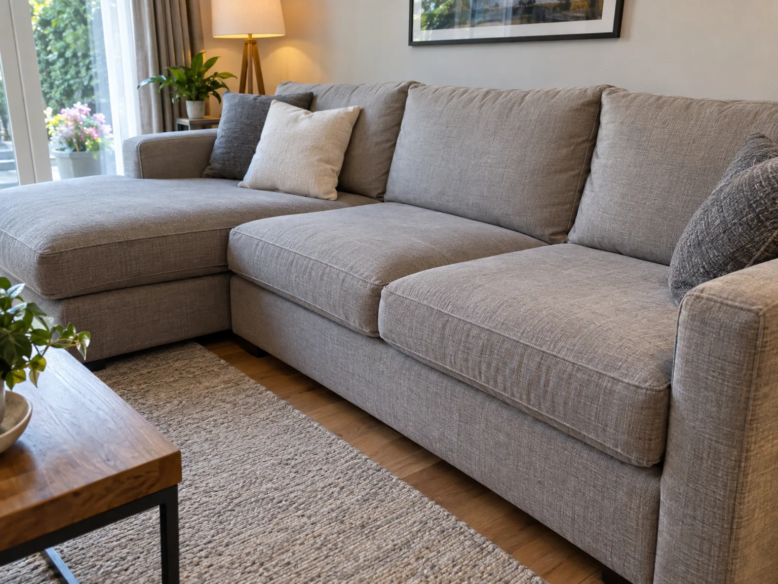 Professional upholstery cleaning on grey sectional sofa