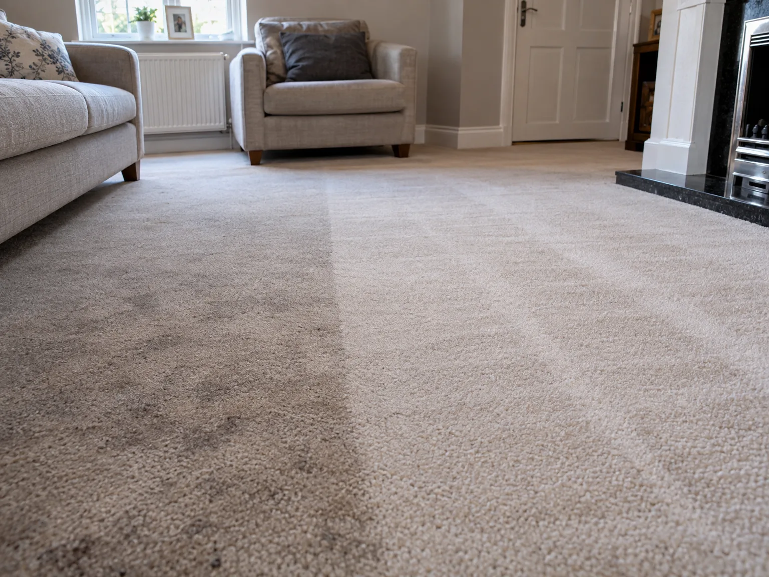 Immaculate beige domestic carpet in modern living room showcasing professional carpet cleaning results