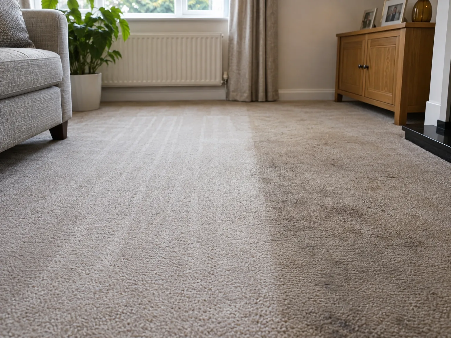 Freshly cleaned beige carpet in modern living room