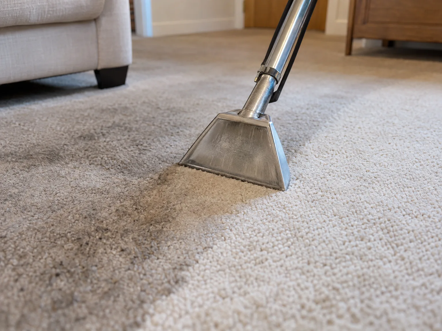 Professional carpet cleaning with hot water extraction showing visible dirt removal on beige carpet