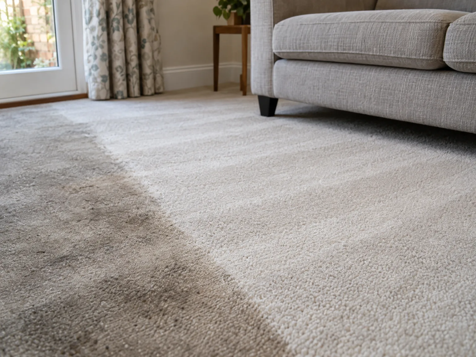 Clean light beige domestic carpet in bright living room with sofa