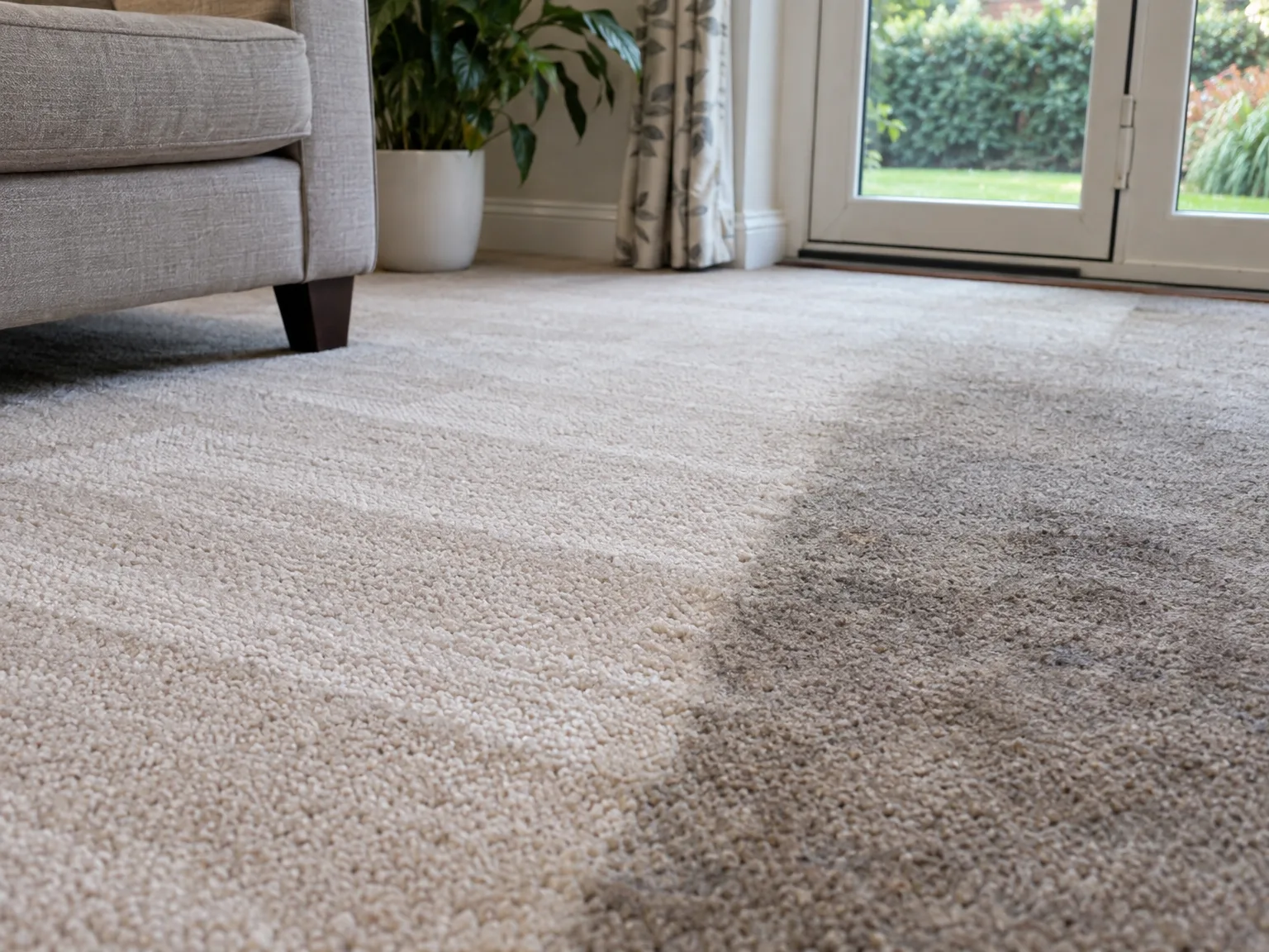 Before and after domestic carpet cleaning showing professional deep cleaning results