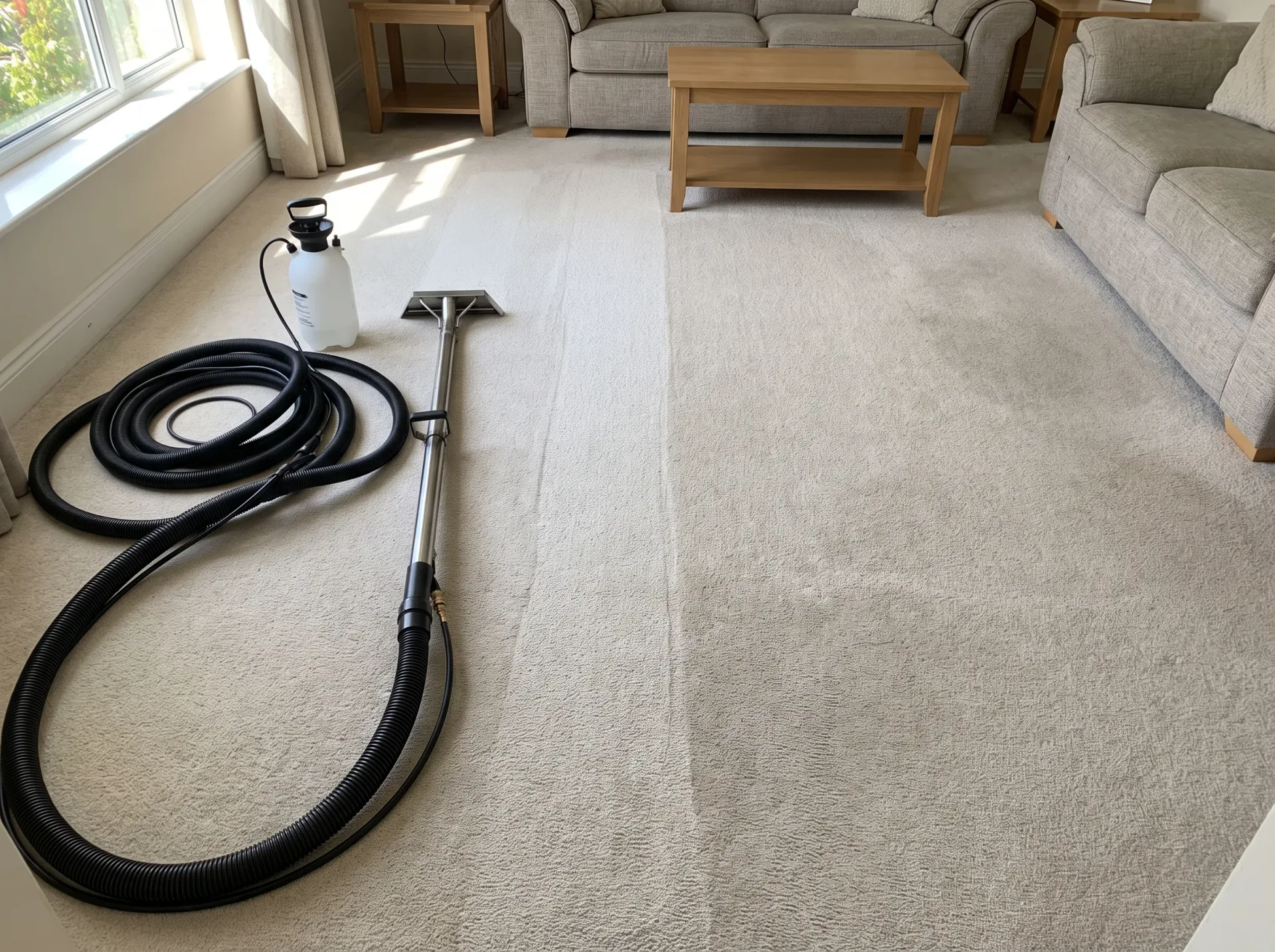Professional deep carpet cleaning using hot water extraction equipment in residential living room