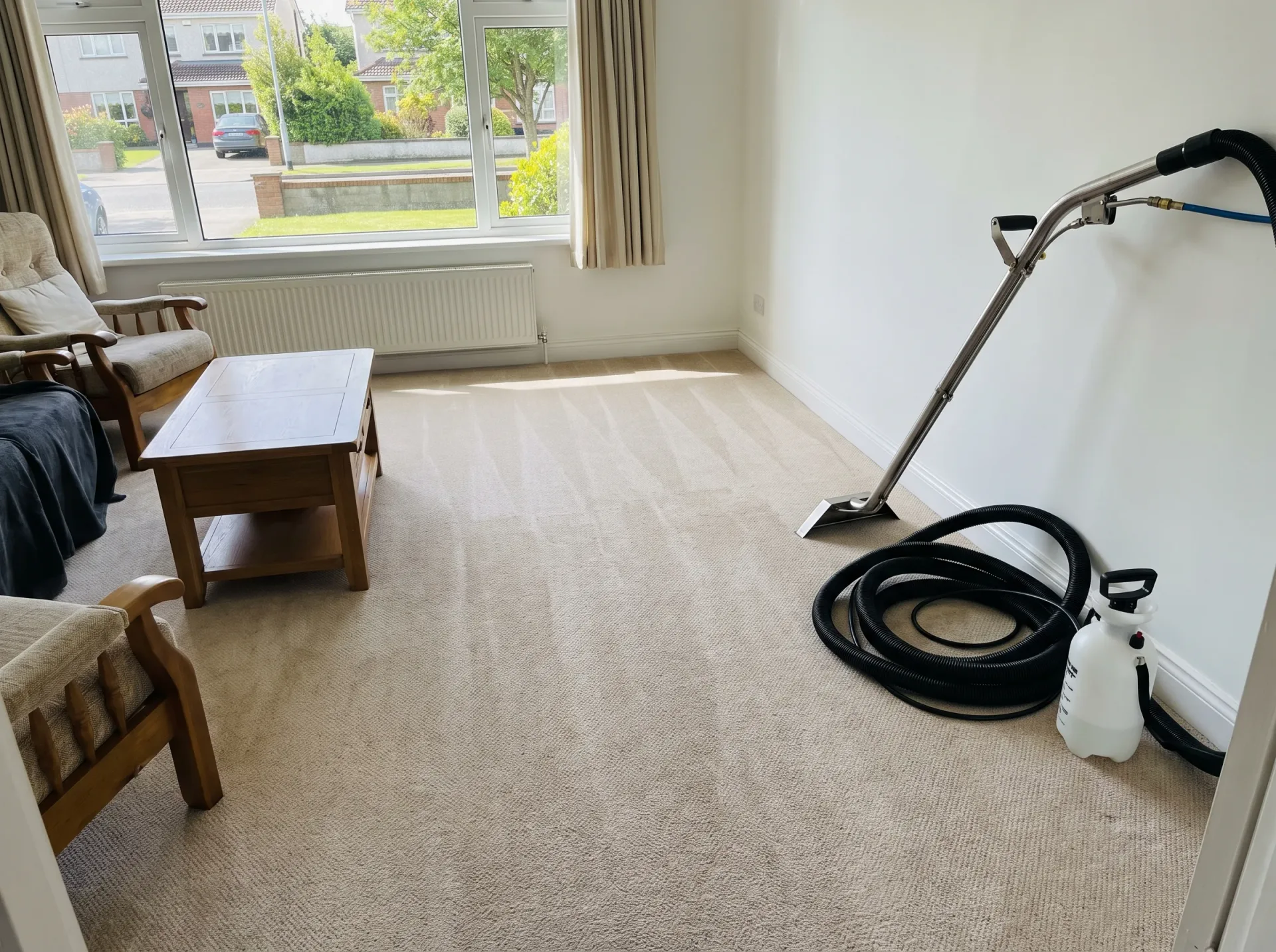Professional hot water extraction cleaning equipment being used on beige domestic living room carpet
