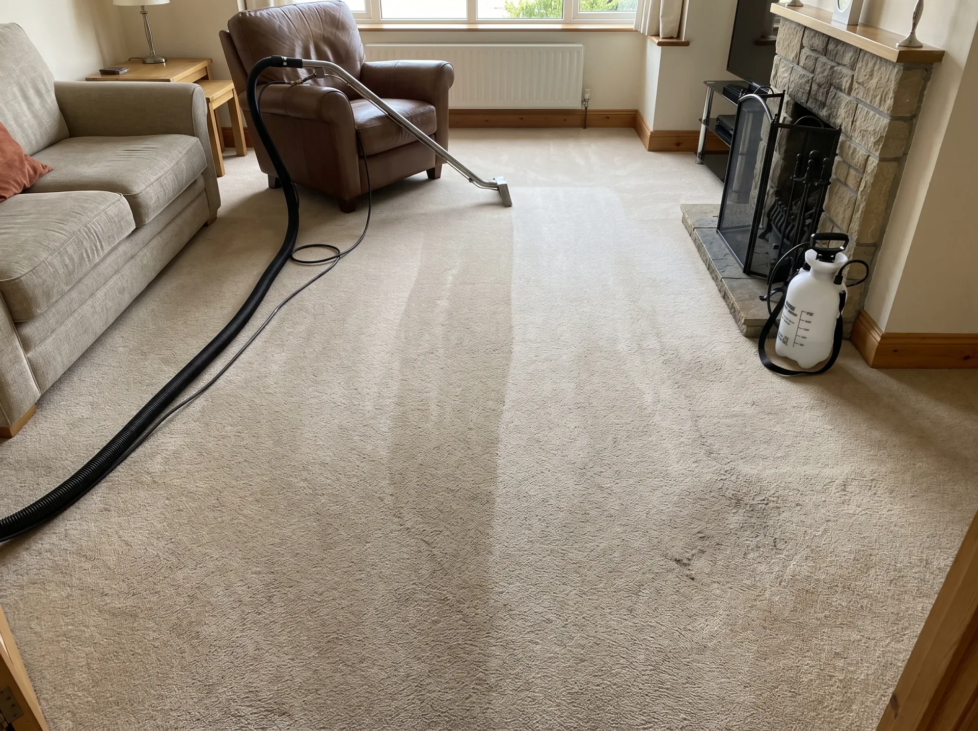 Professional carpet cleaning with hot water extraction equipment on beige residential carpet