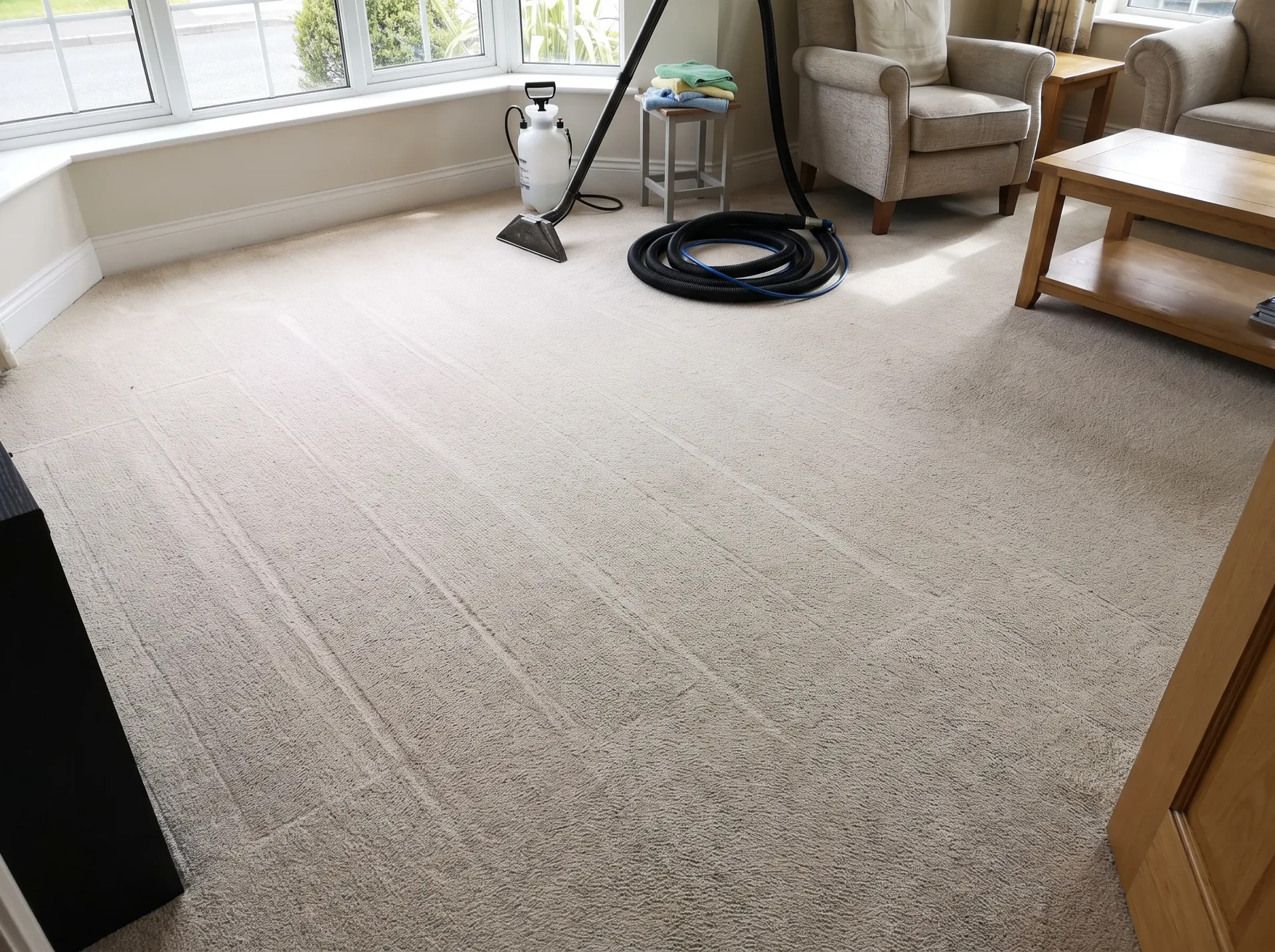 Deep carpet cleaning with professional hot water extraction equipment in residential living room