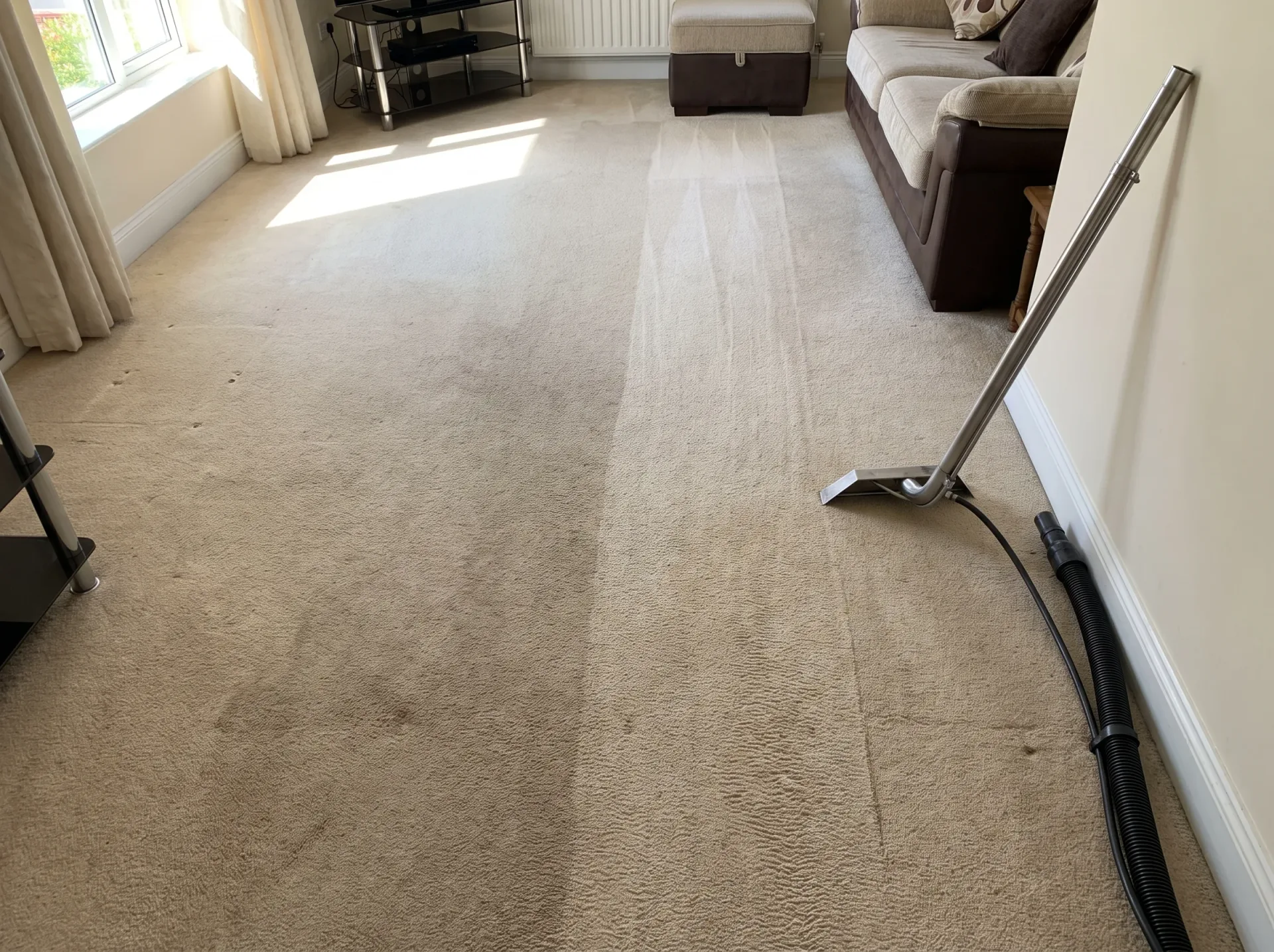 Professional deep carpet cleaning using hot water extraction on residential beige carpet showing visible cleaning results