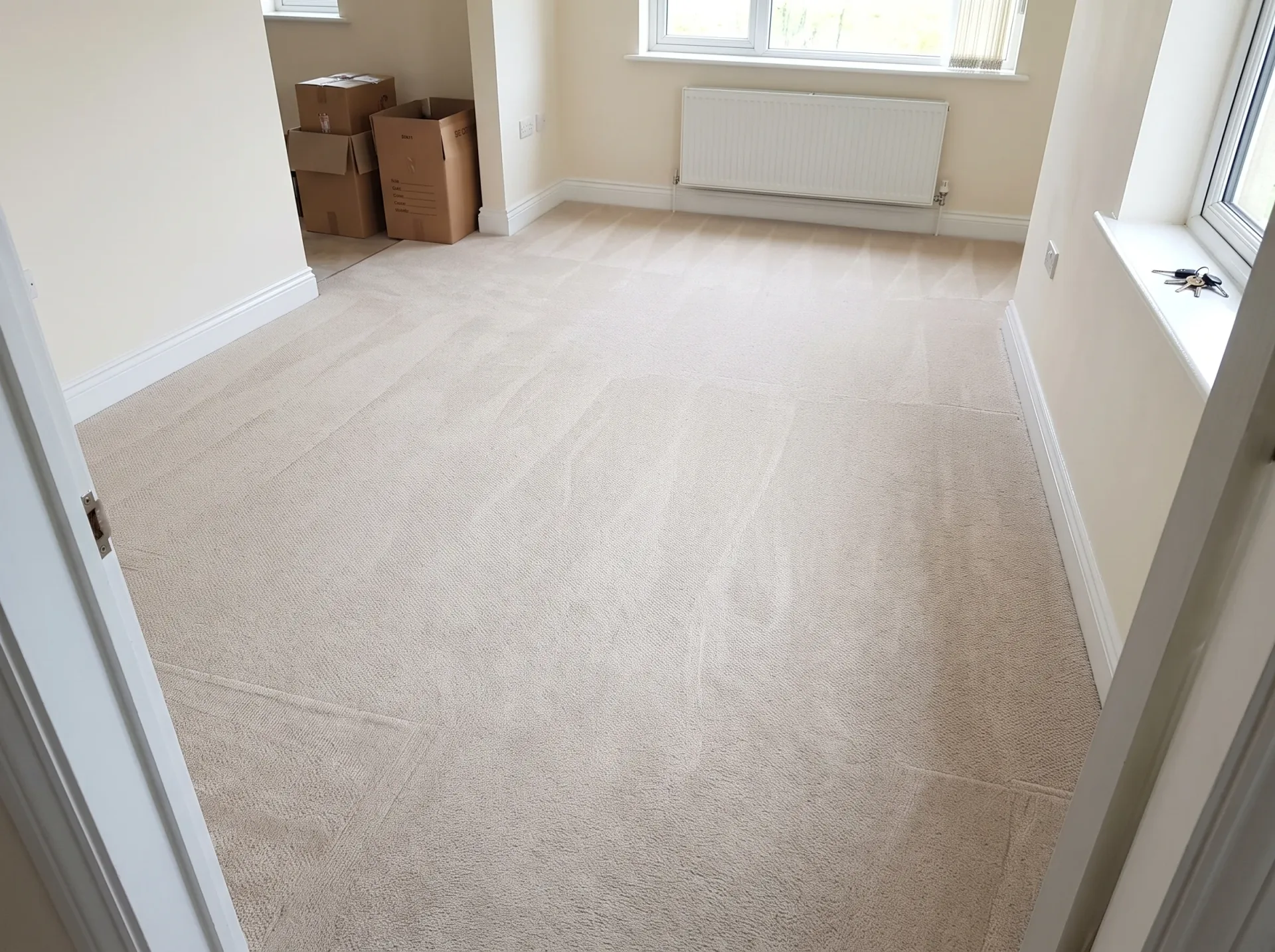 Clean beige carpet in empty room after professional end of tenancy cleaning