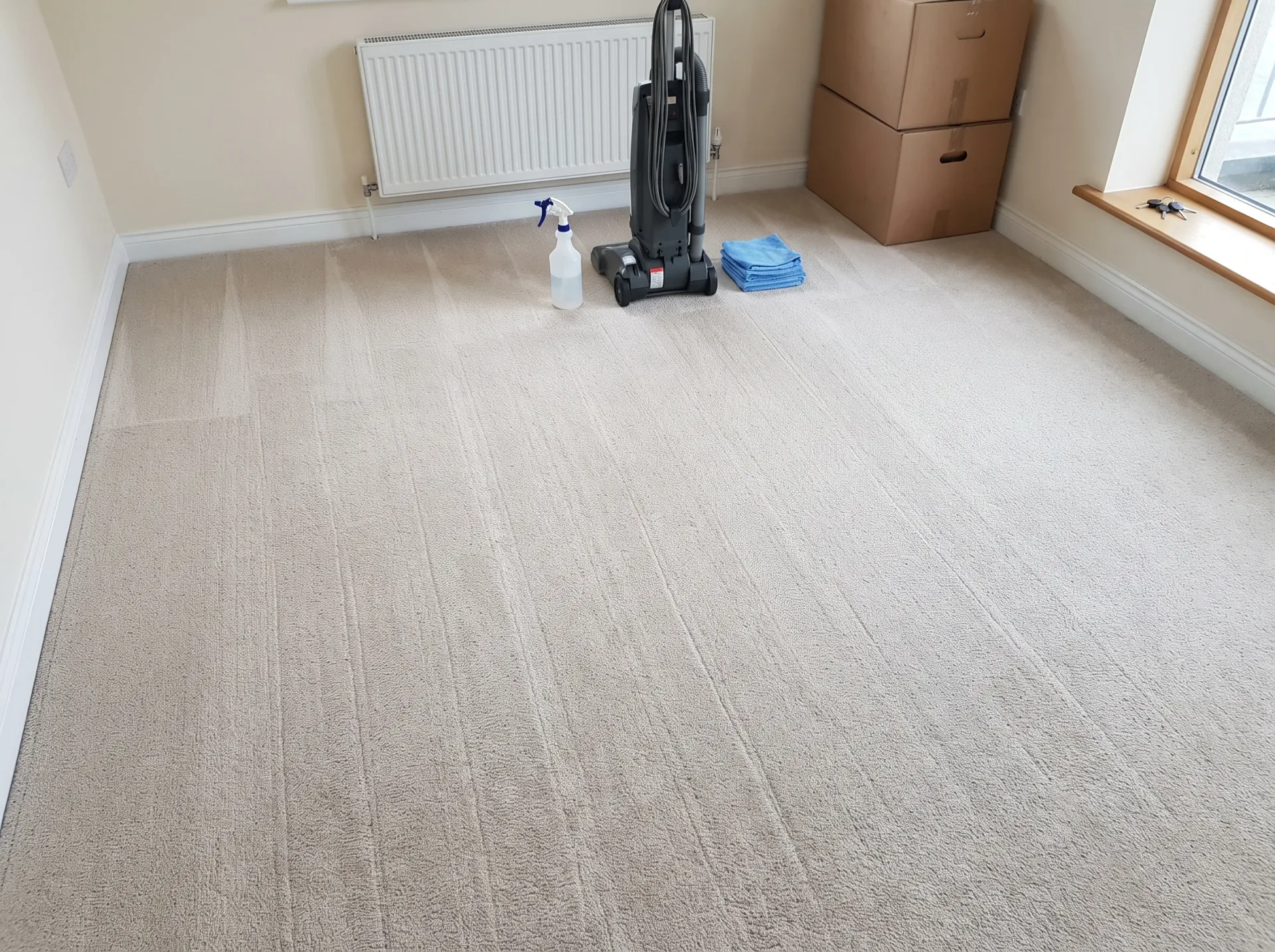 Professional hot water extraction carpet cleaning in vacant room during end of tenancy cleaning service
