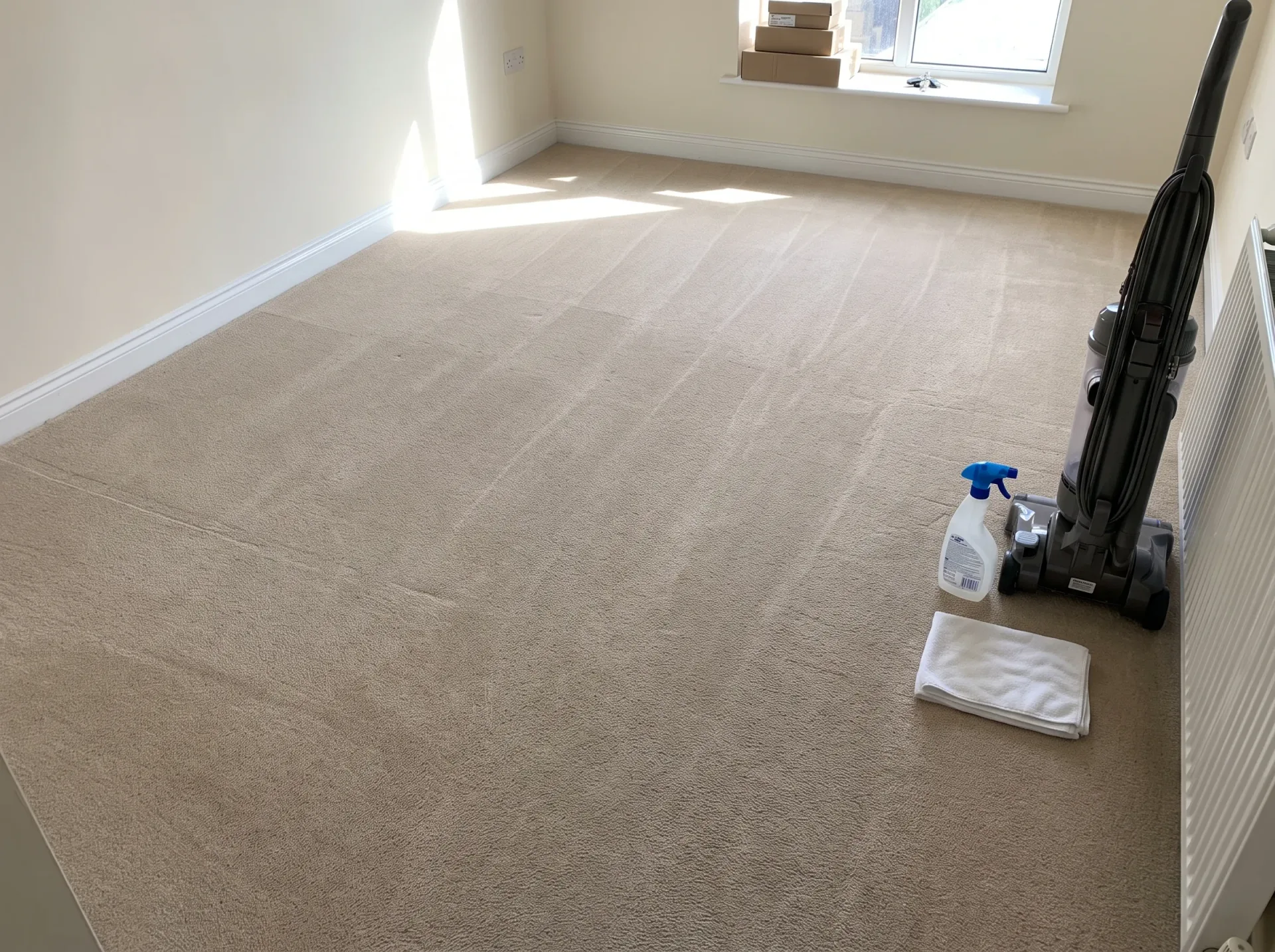 Professional carpet cleaning equipment with hot water extraction machine and cleaning solution on freshly cleaned beige carpet in bright, empty room