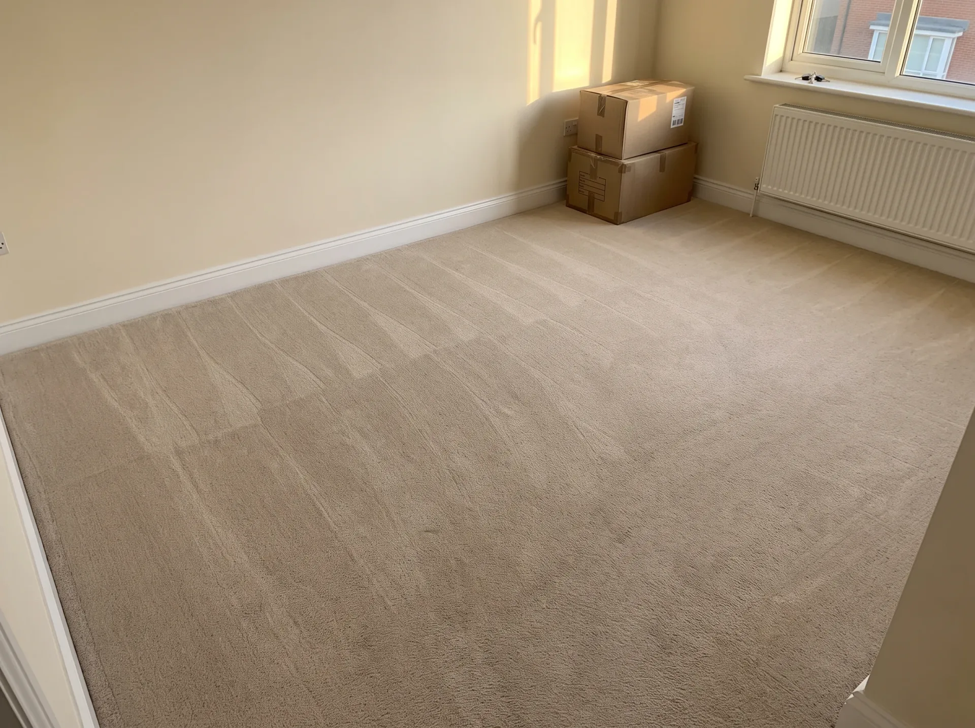 Spotless beige carpet after professional deep carpet cleaning in empty room