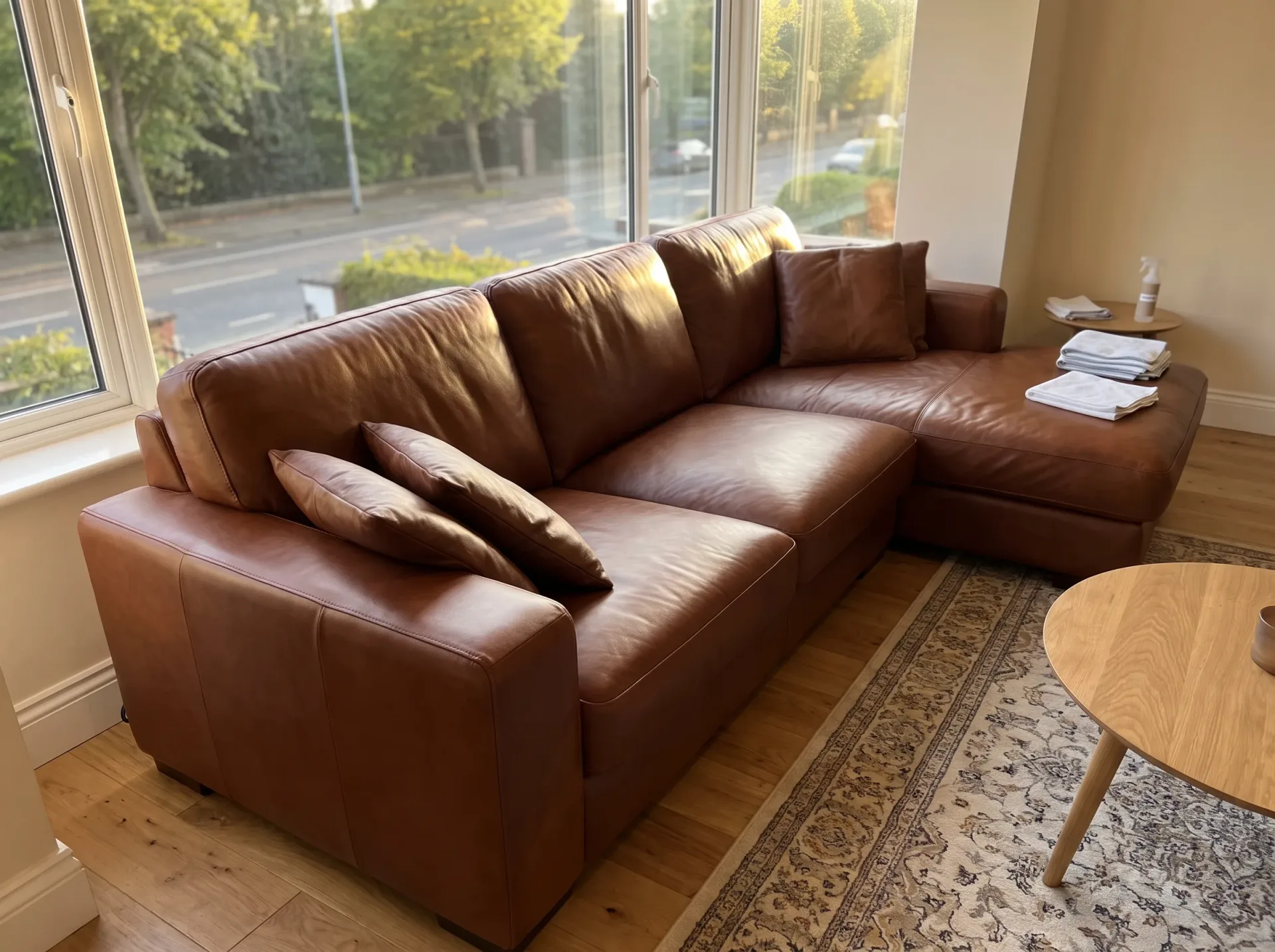 Clean brown leather corner sofa with throw pillows in modern living room