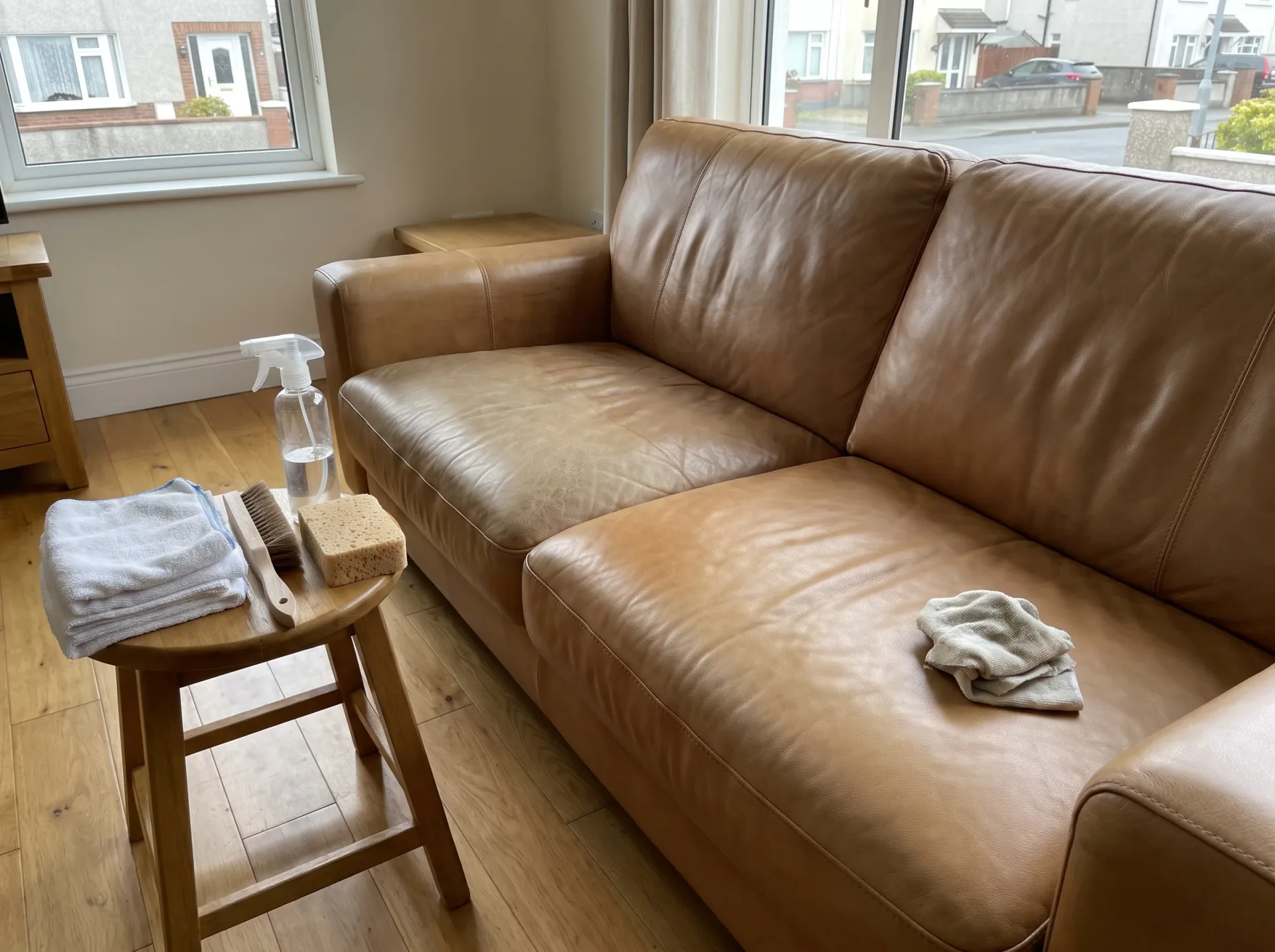 Professional leather upholstery cleaning setup with spray bottle, brushes and white towels