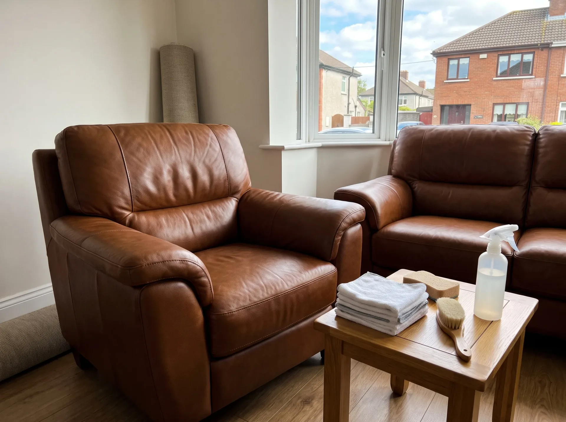 Brown leather armchairs with cleaning supplies prepared for professional upholstery cleaning