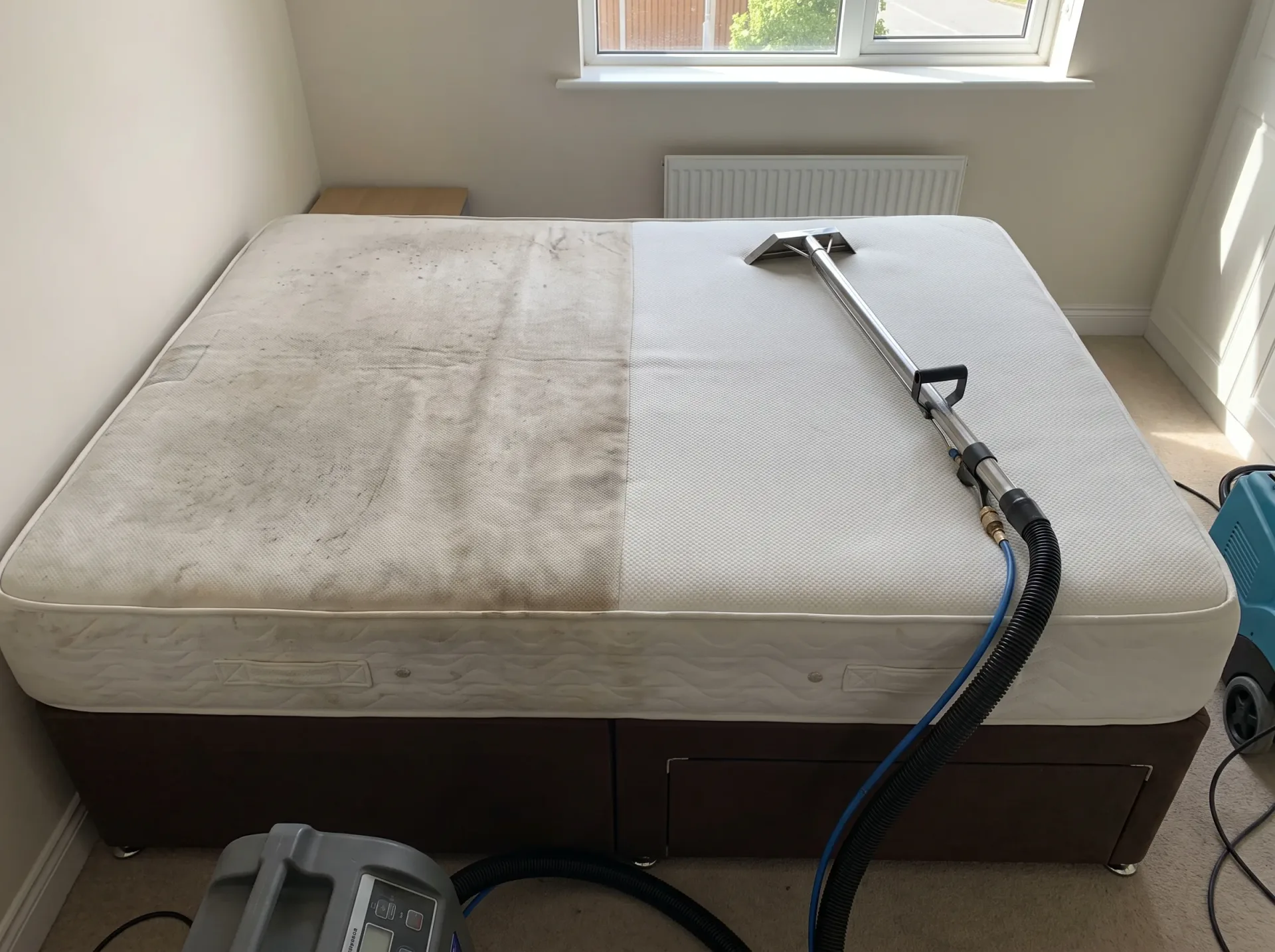Professional mattress cleaning demonstrating before and after results using hot water extraction