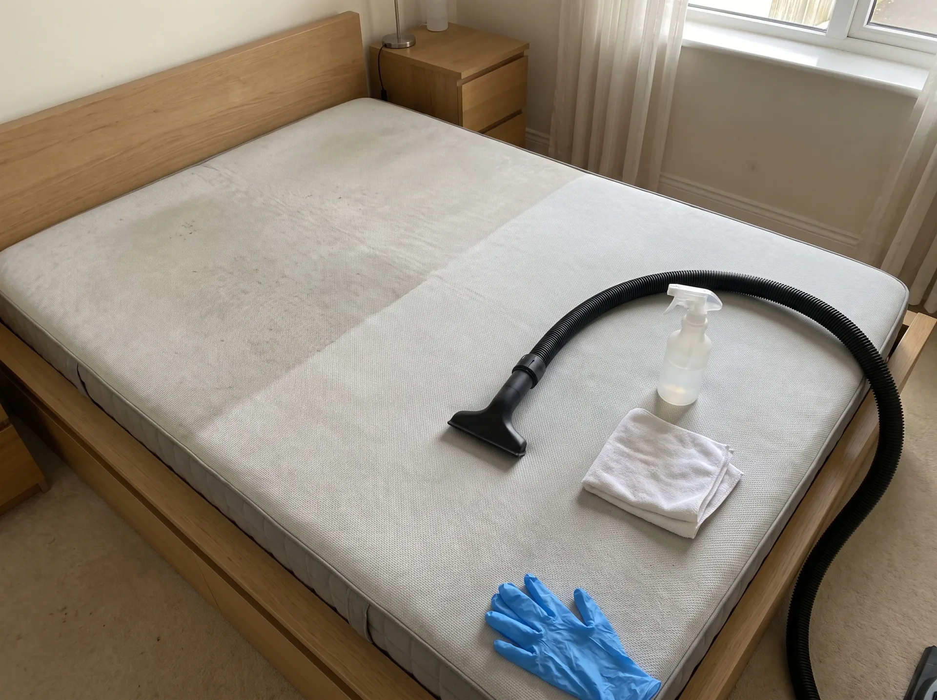 Before and after mattress cleaning showing soiled area alongside professionally cleaned section with extraction equipment