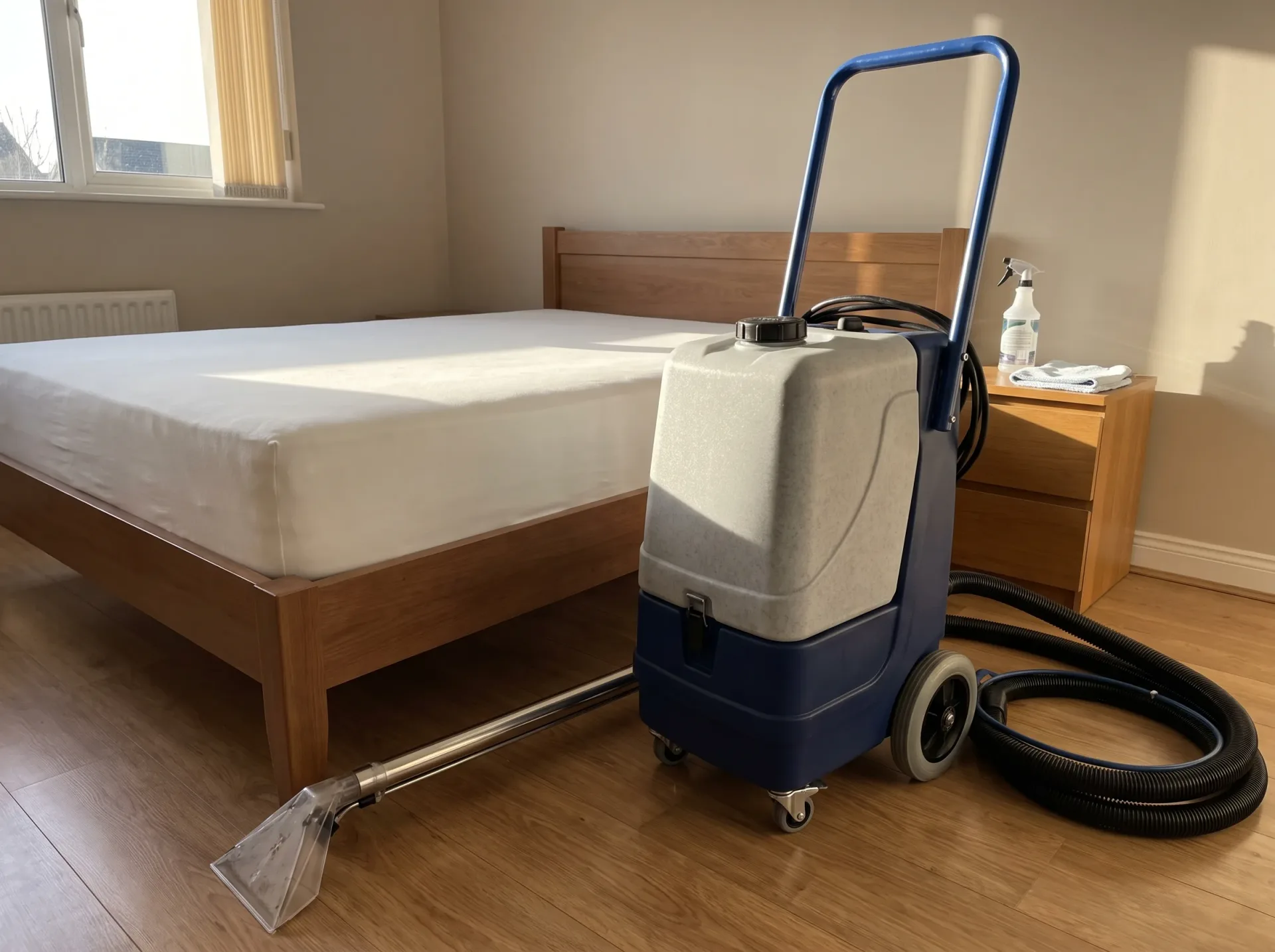Professional mattress cleaning with hot water extraction equipment positioned next to bed