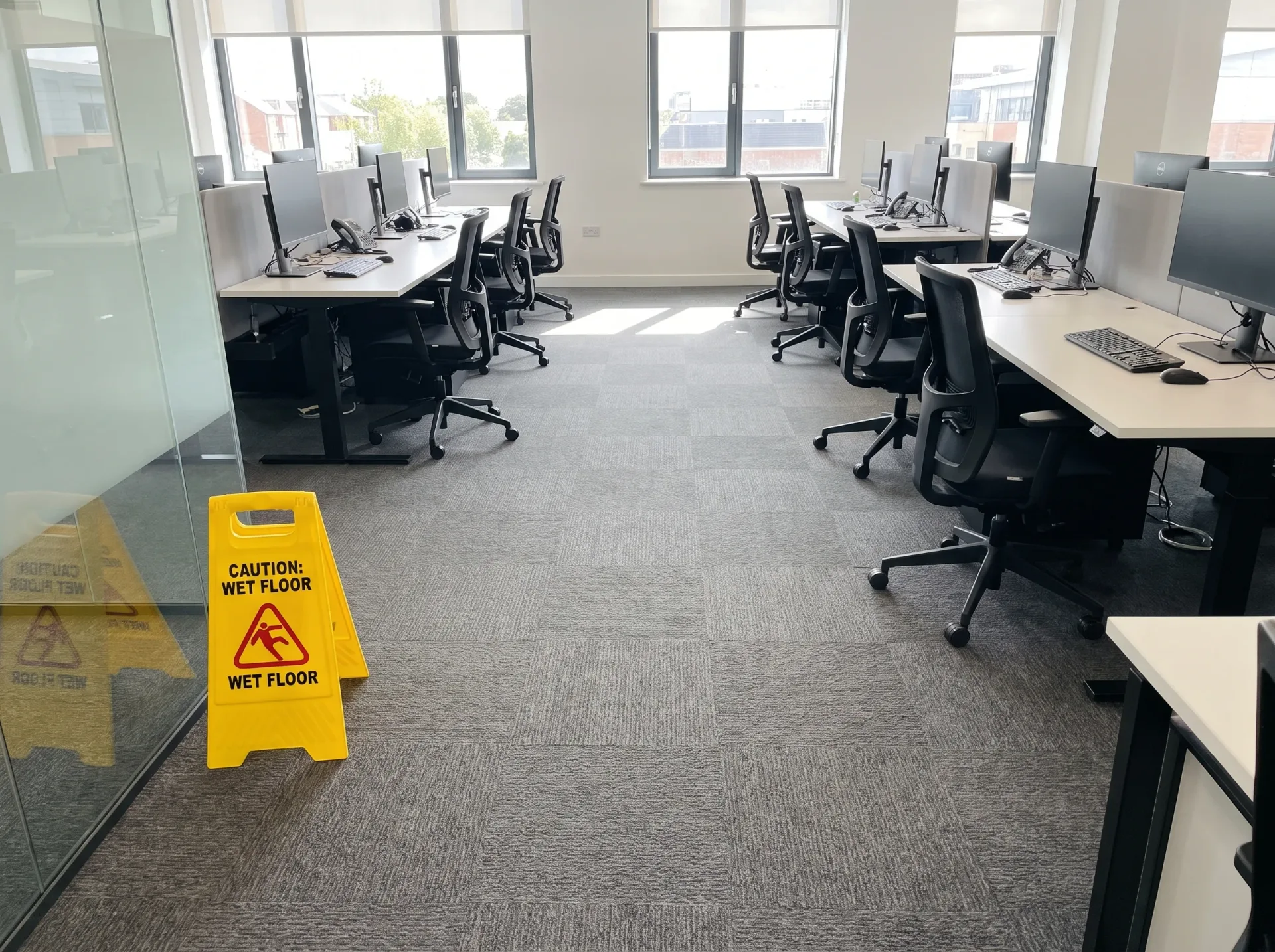 Commercial office carpet cleaning result: freshly extracted floor with wet floor caution sign