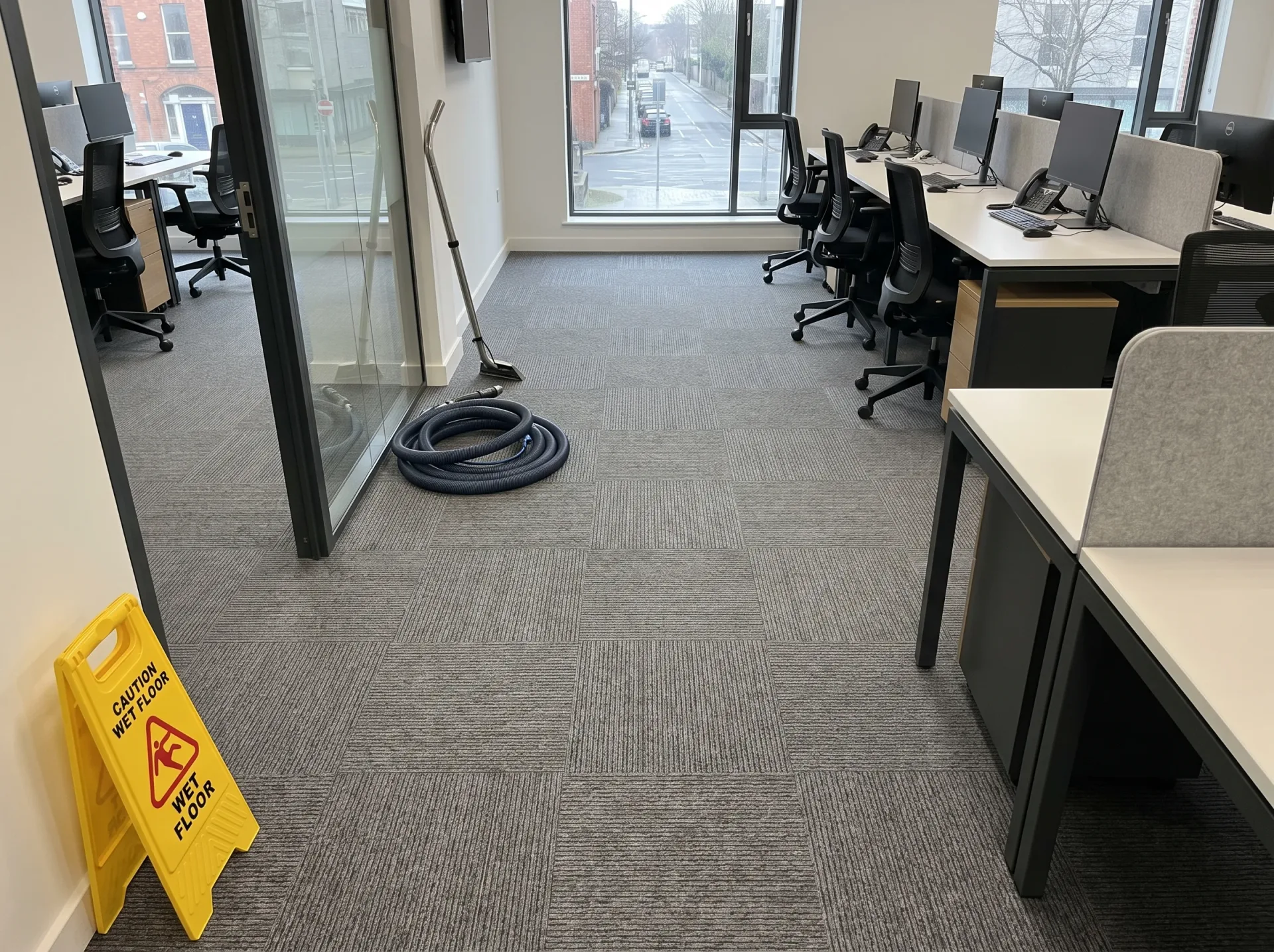 Professional commercial office carpet cleaning with extraction hose and wet floor caution sign