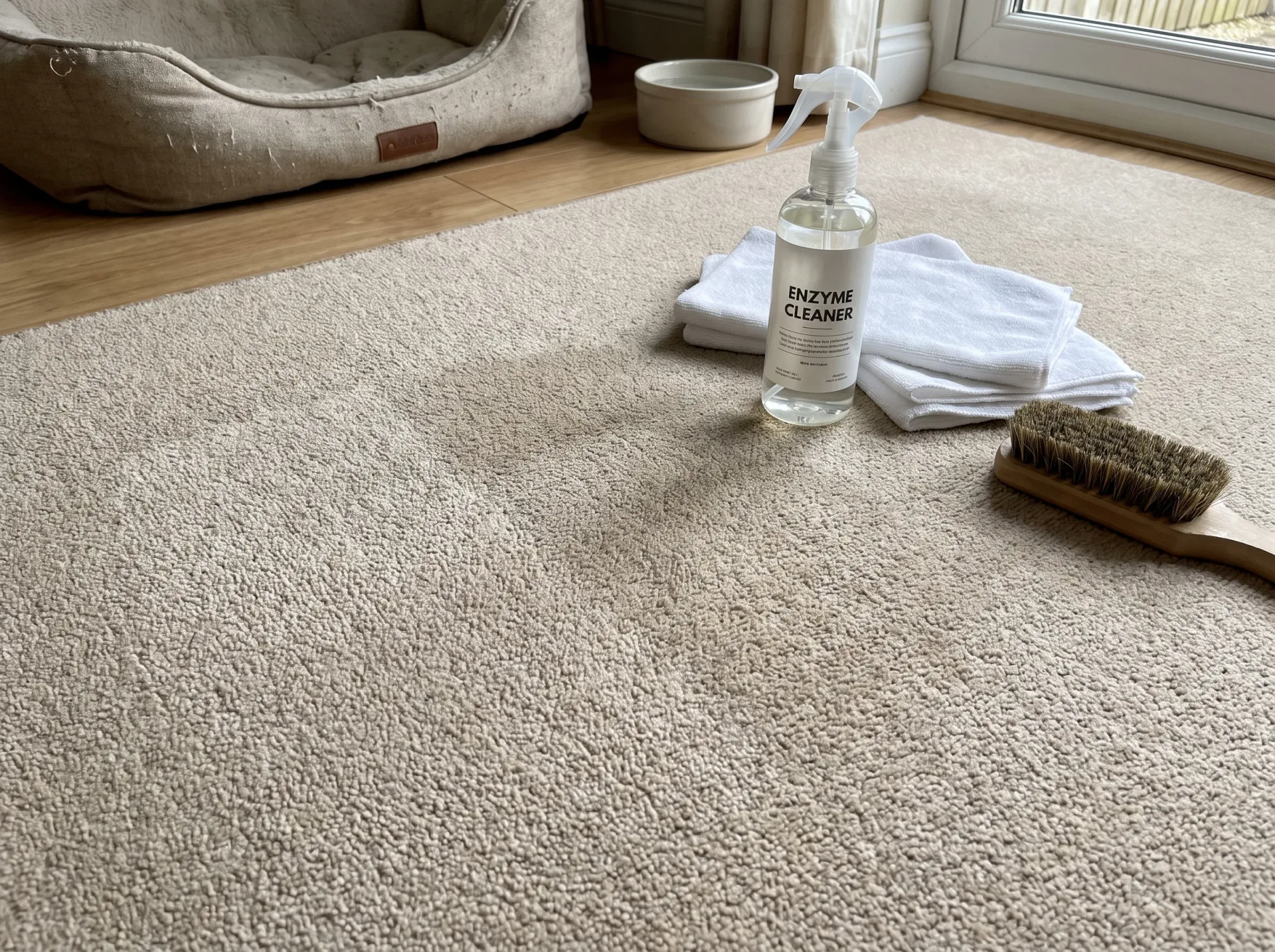 Enzyme cleaner bottle, white cloths and brush on beige carpet for pet stain and odour removal